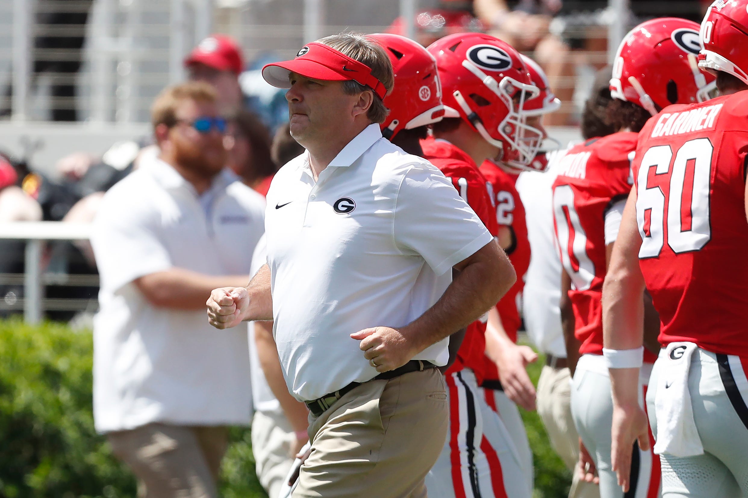 Georgia coach Kirby Smart takes the field for warm ups before the start of a NCAA college football game in Athens, on Saturday, Sept. 7, 2024.