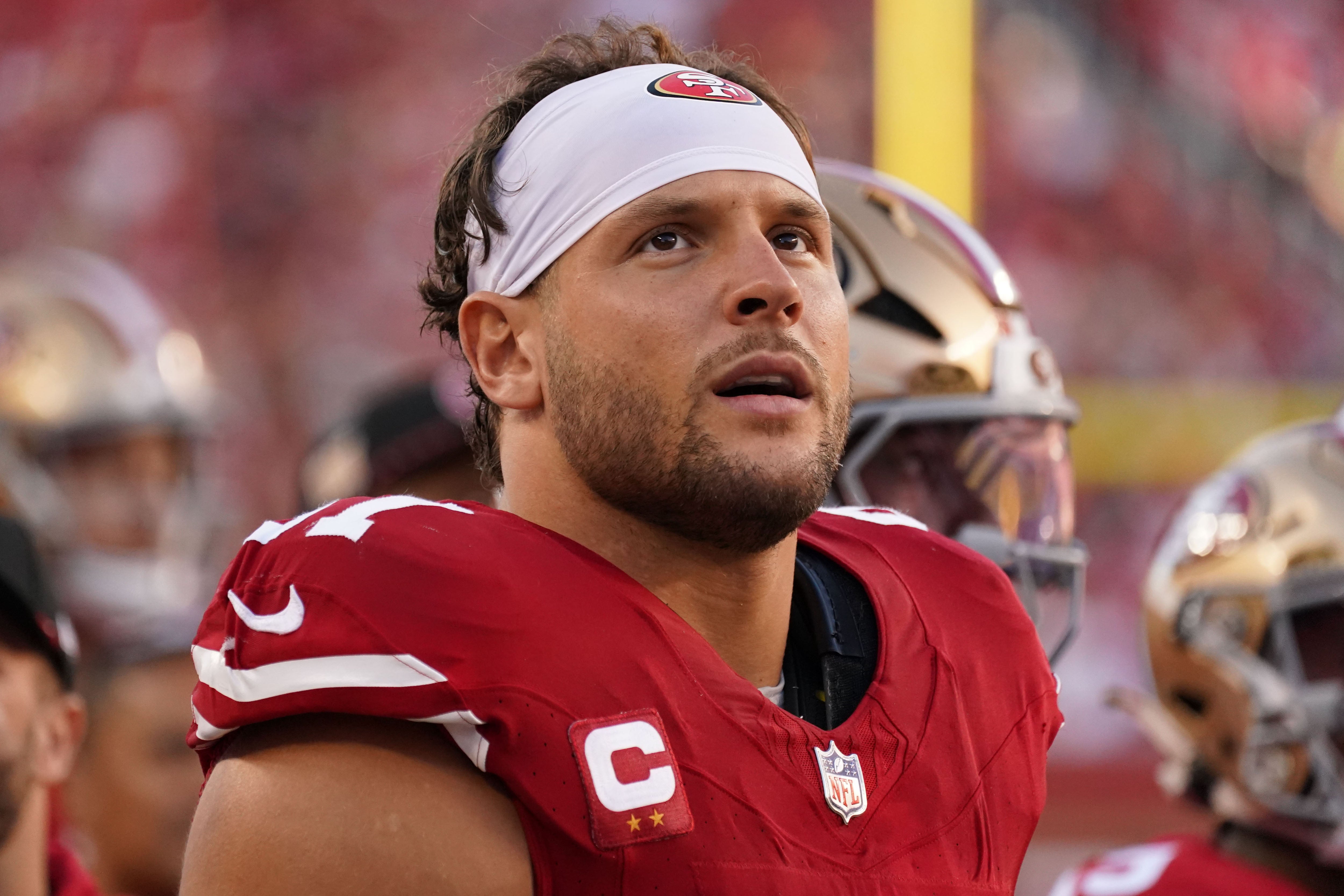Sep 9, 2024; Santa Clara, California, USA; San Francisco 49ers defensive end Nick Bosa (97) on the sideline during the second quarter against the New York Jets at Levi's Stadium.