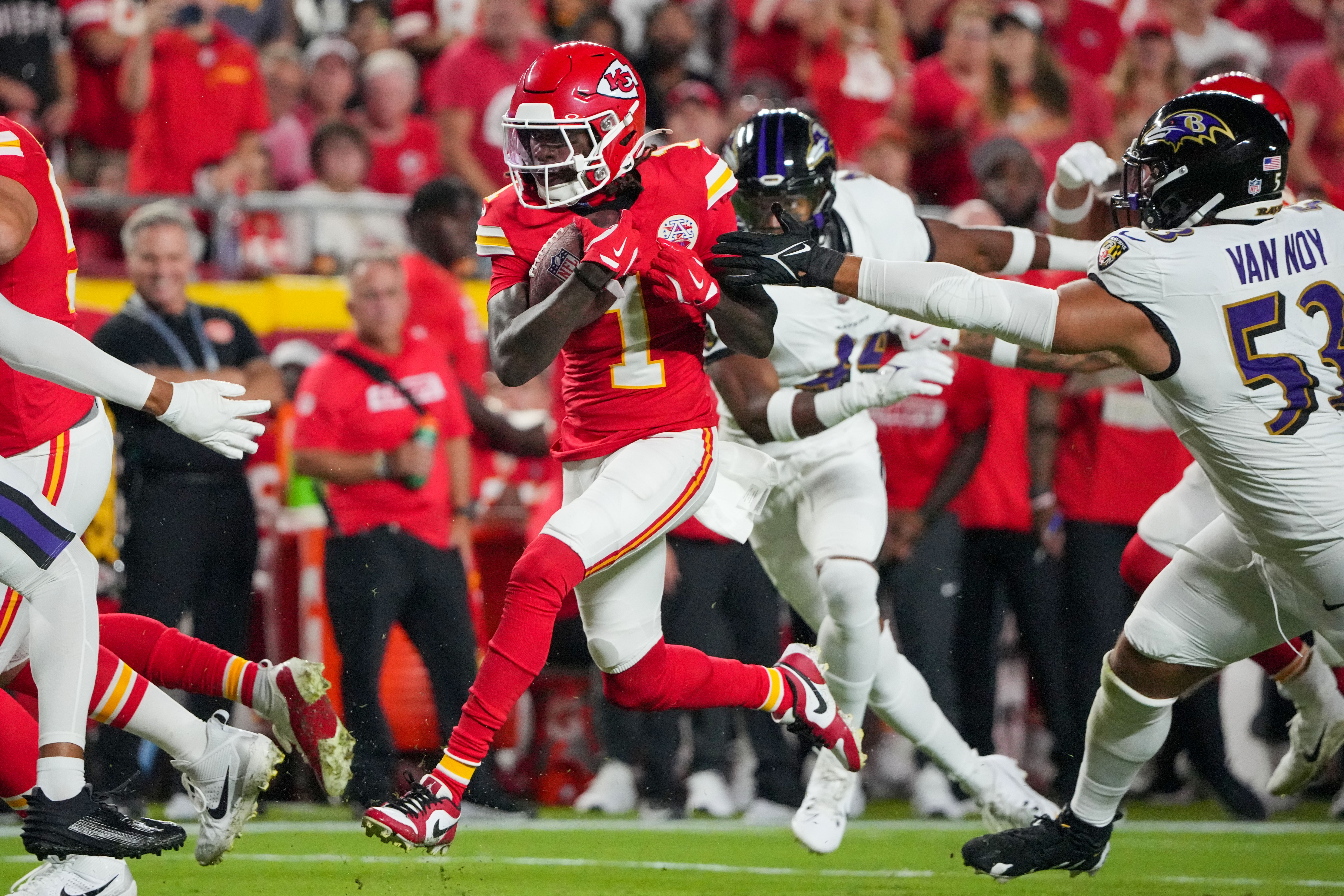 Sep 5, 2024; Kansas City, Missouri, USA; Kansas City Chiefs wide receiver Xavier Worthy (1) scores a touchdown as Baltimore Ravens linebacker Kyle Van Noy (53) misses the tackle during the first half at GEHA Field at Arrowhead Stadium.