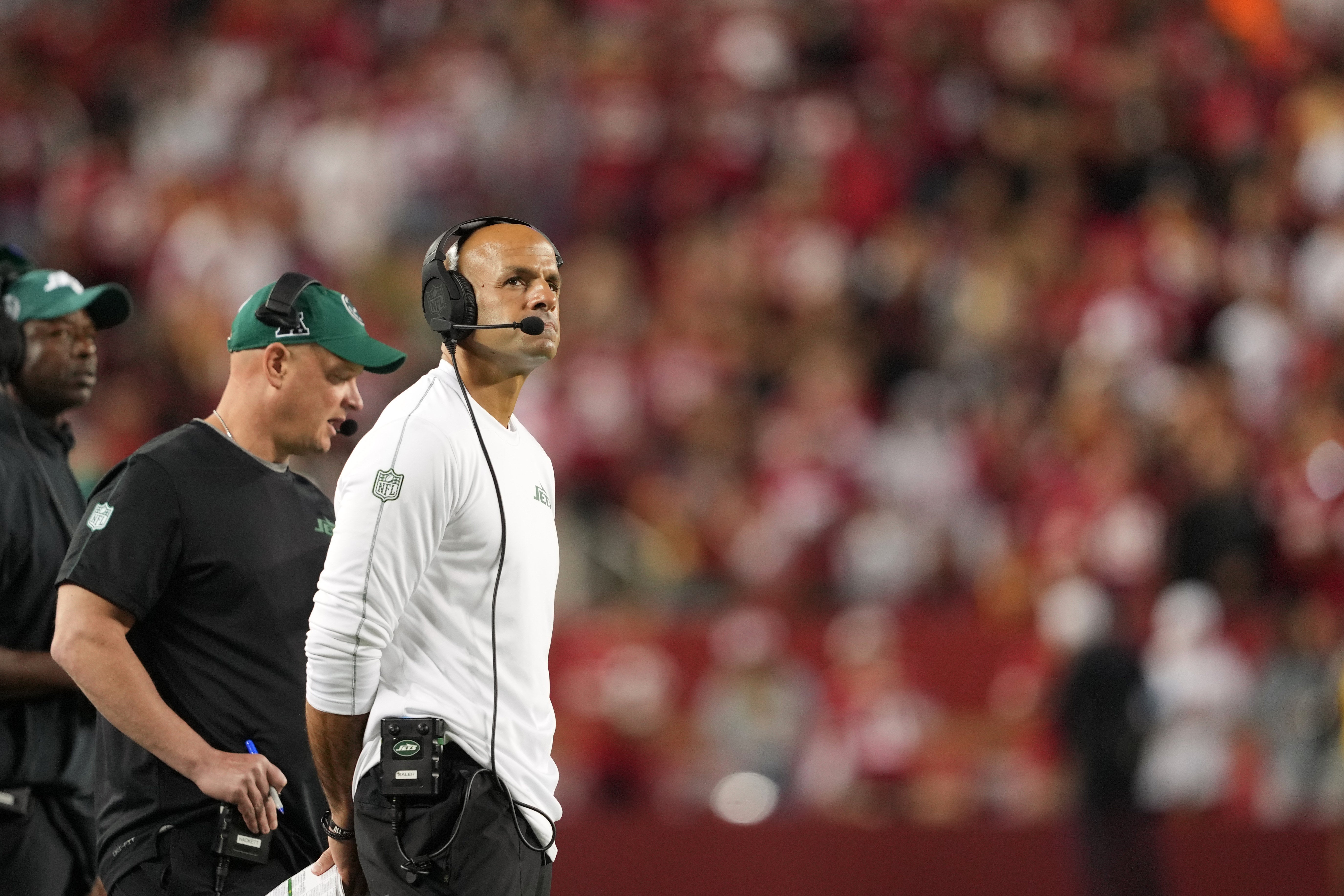 New York Jets head coach Robert Saleh stands on the sideline during the fourth quarter against the San Francisco 49ers at Levi's Stadium.