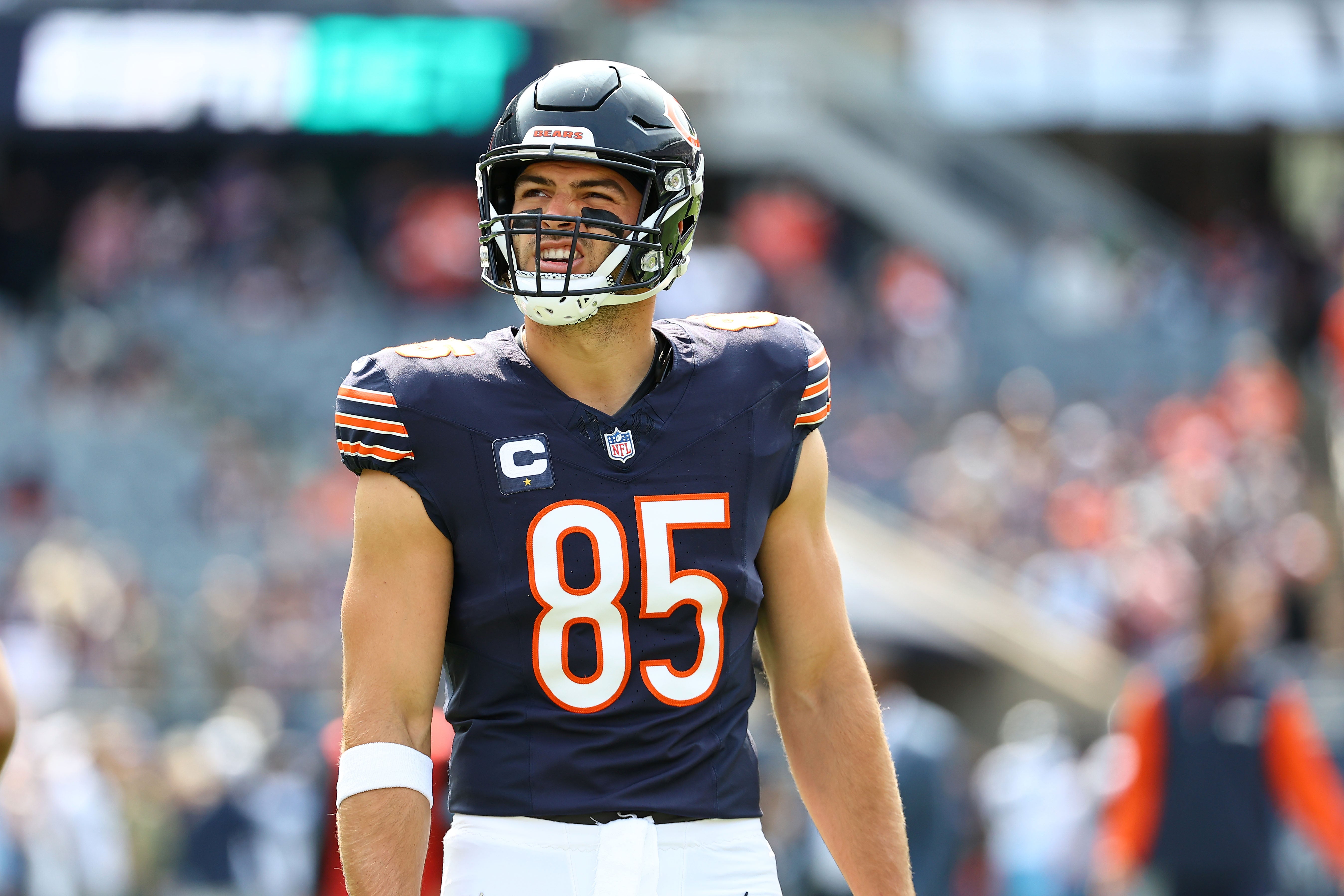 Sep 8, 2024; Chicago, Illinois, USA; Chicago Bears tight end Cole Kmet (85) practices before the game against the Tennessee Titans at Soldier Field.