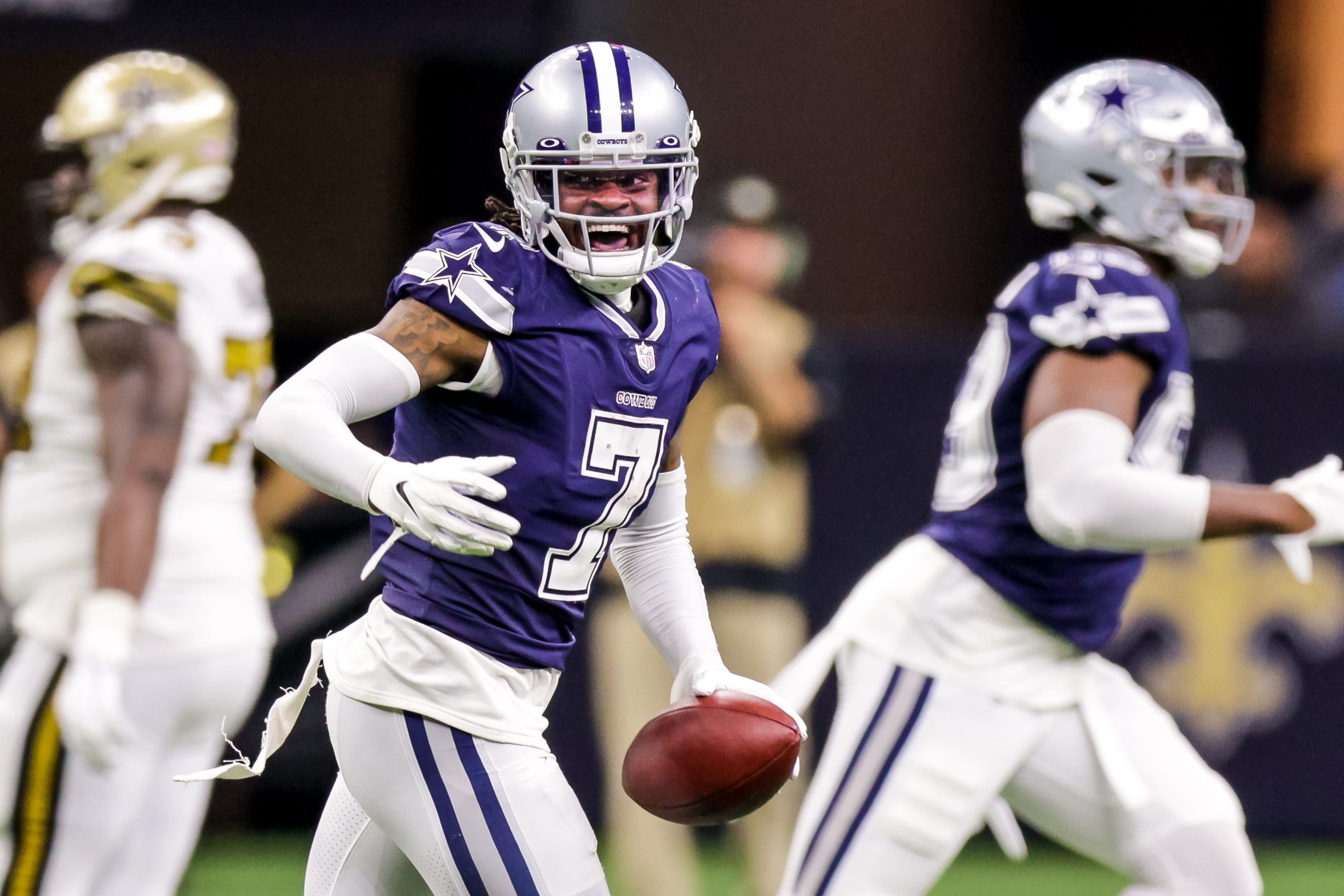 Dallas Cowboys cornerback Trevon Diggs (7) reacts to getting an interception against New Orleans Saints during the second half at Caesars Superdome.