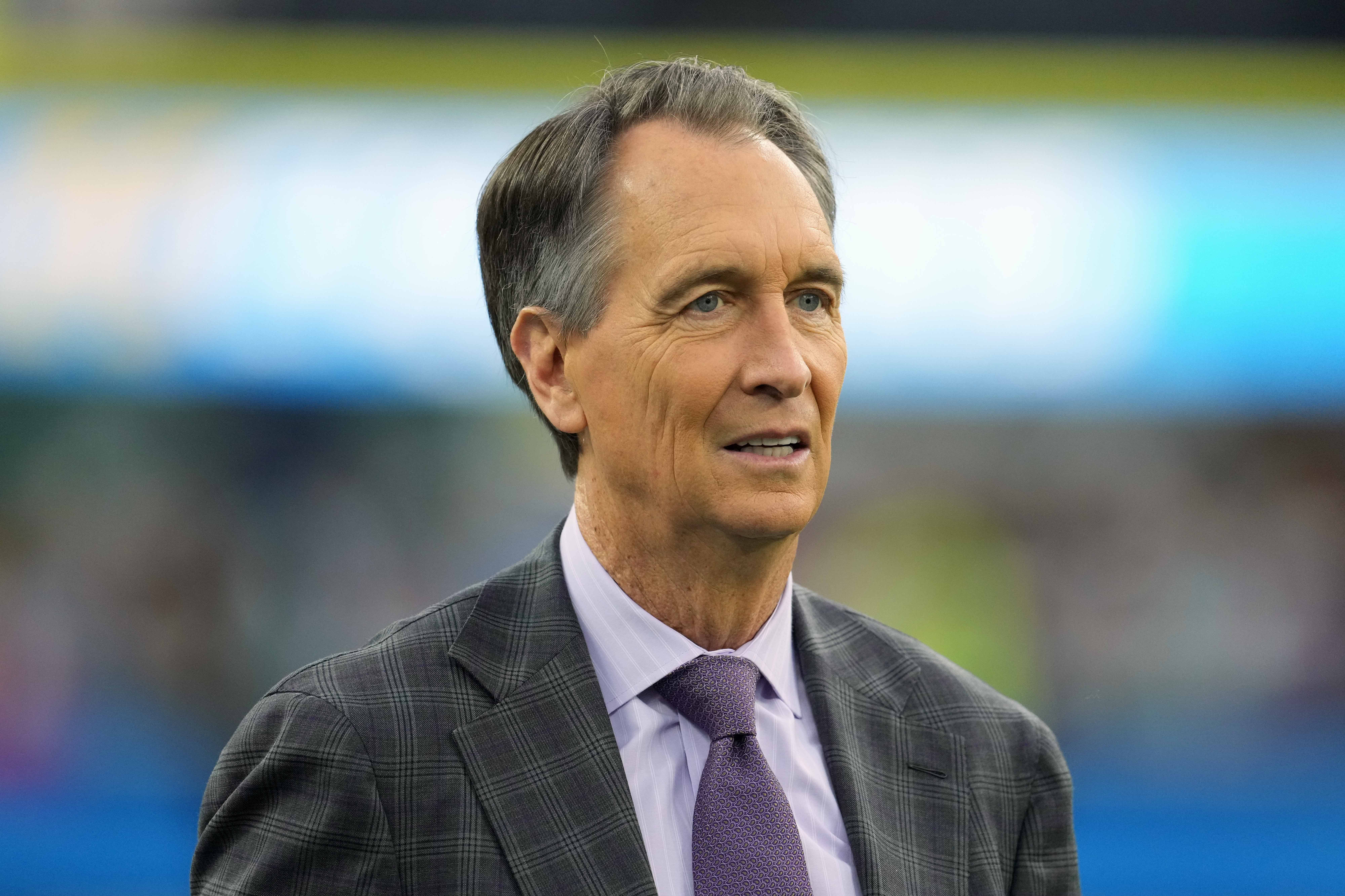 Dec 23, 2023; Inglewood, California, USA; NBC Sports Sunday Night Football analyst Cris Collinsworth during the game between the Los Angeles Chargers and the Buffalo Bills at SoFi Stadium.