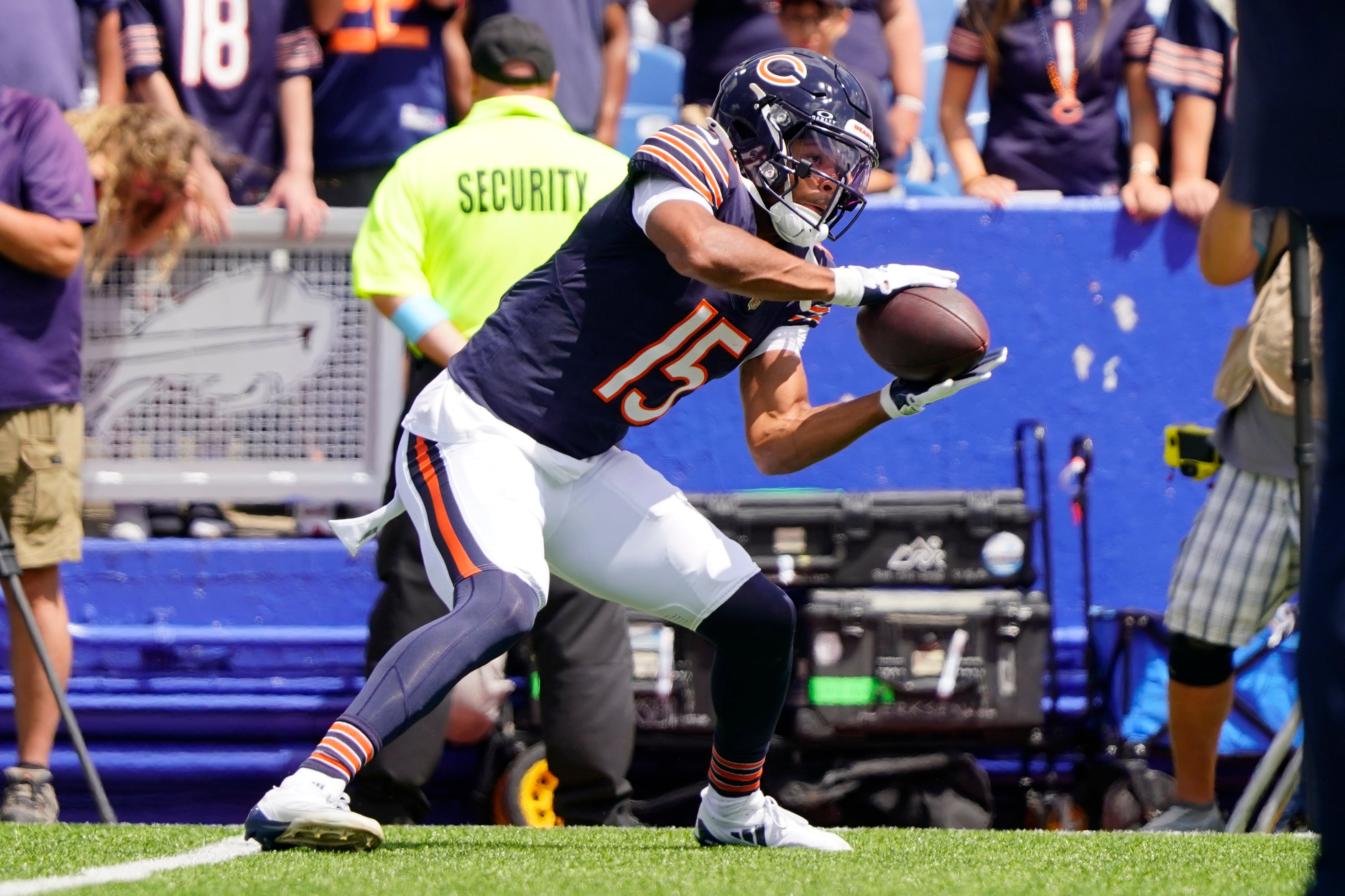 Aug 10, 2024; Orchard Park, New York, USA; Chicago Bears wide receiver Rome Odunze (15) warms up prior to the game against the Buffalo Bills at Highmark Stadium.