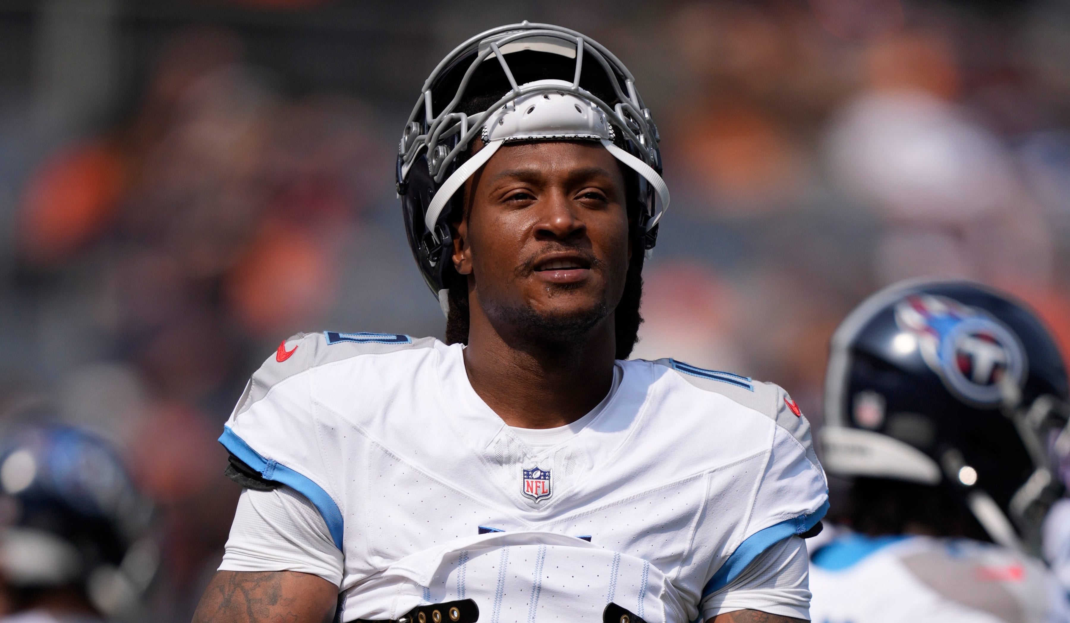 Tennessee Titans wide receiver DeAndre Hopkins (10) goes through warmups before their game against the Chicago Bears at Soldier Field in Chicago, Ill., Sunday, Sept. 8, 2024 Andrew Nelles / The Tennessean-USA TODAY NETWORK