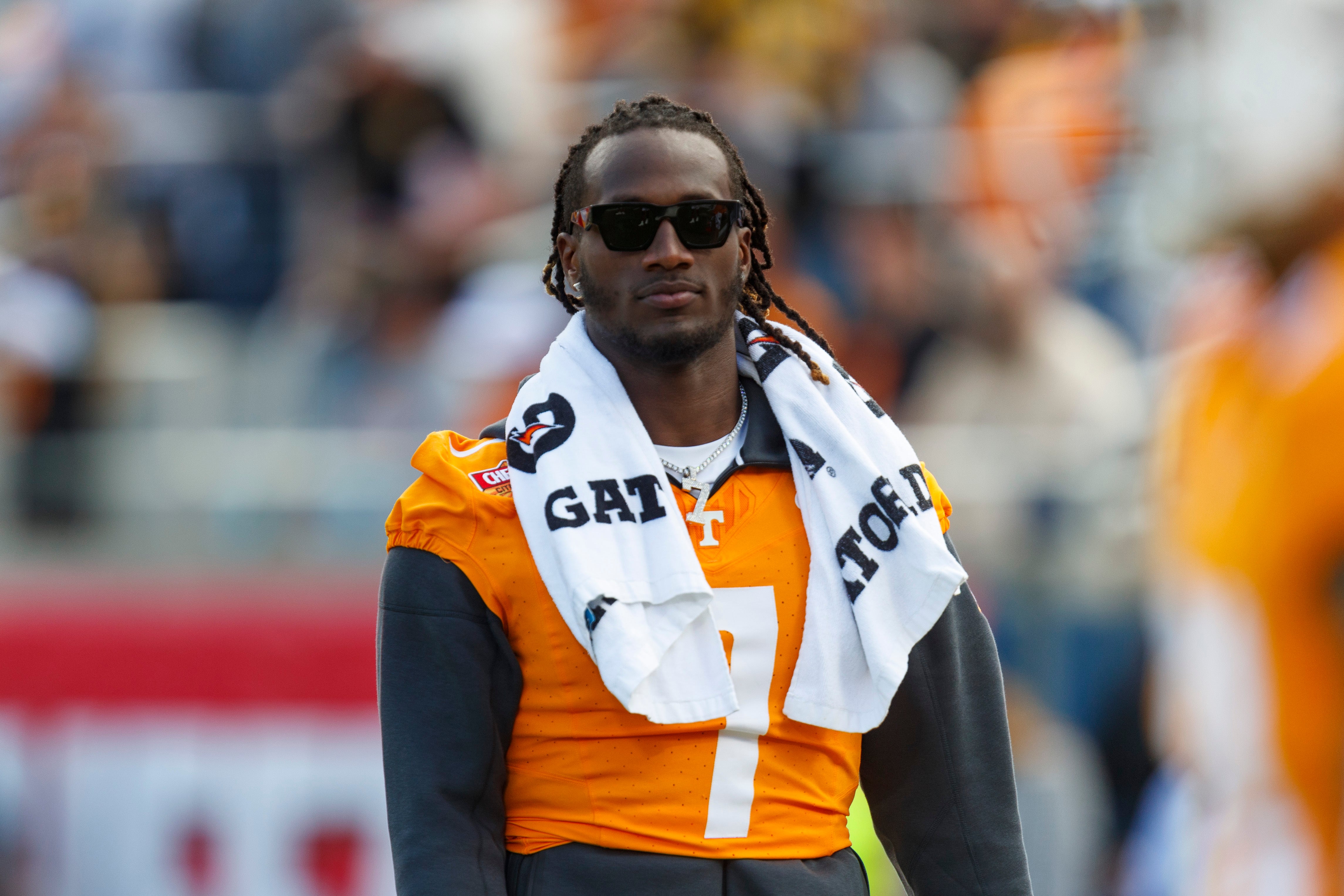 Jan 1, 2024; Orlando, FL, USA; Tennessee Volunteers quarterback Joe Milton III (7) during the warm-ups before the game against the Iowa Hawkeyes at Camping World Stadium.
