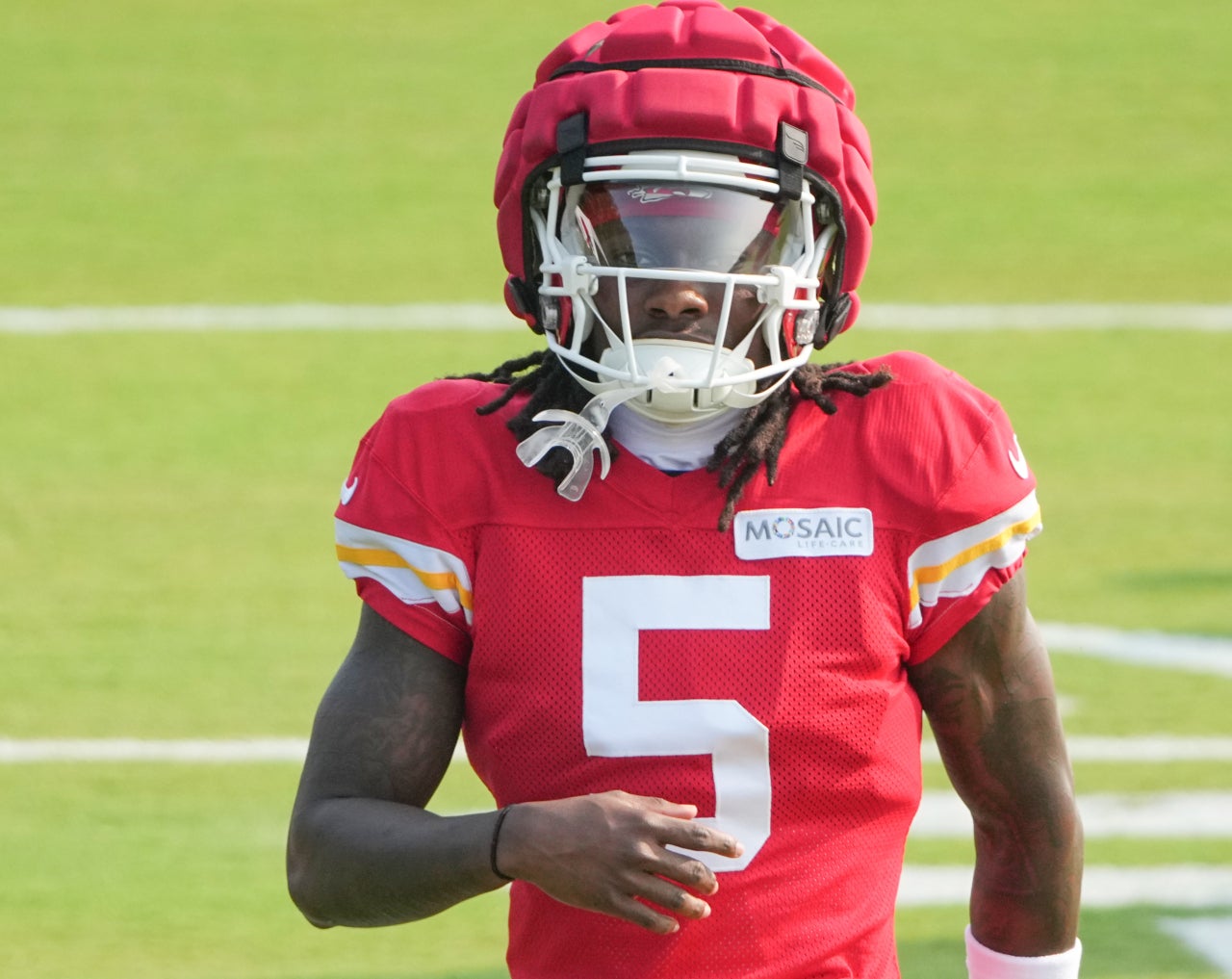 Jul 26, 2024; Kansas City, MO, USA; Kansas City Chiefs wide receiver Marquise “Hollywood” Brown (5) runs drills during training camp at Missouri Western State University.