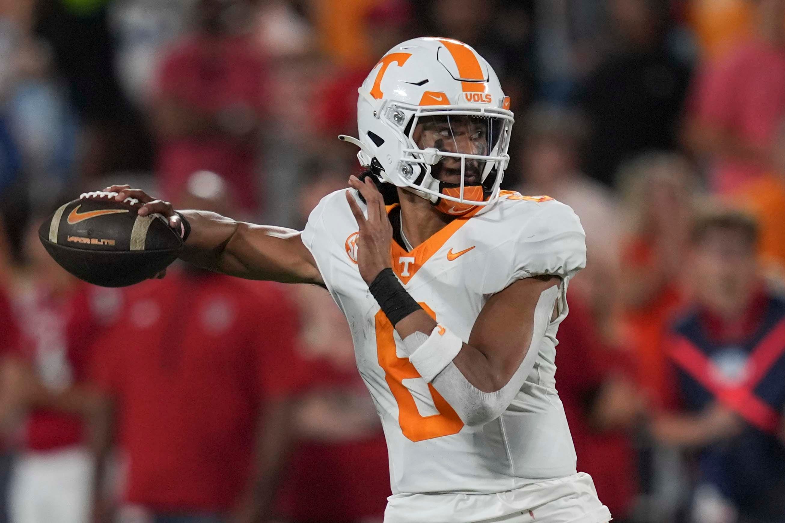 Tennessee quarterback Nico Iamaleava (8) prepares to throw a pass at the NCAA College football game between Tennessee and NC State on Saturday, Sept. 7, 2024 in Charlotte, NC.