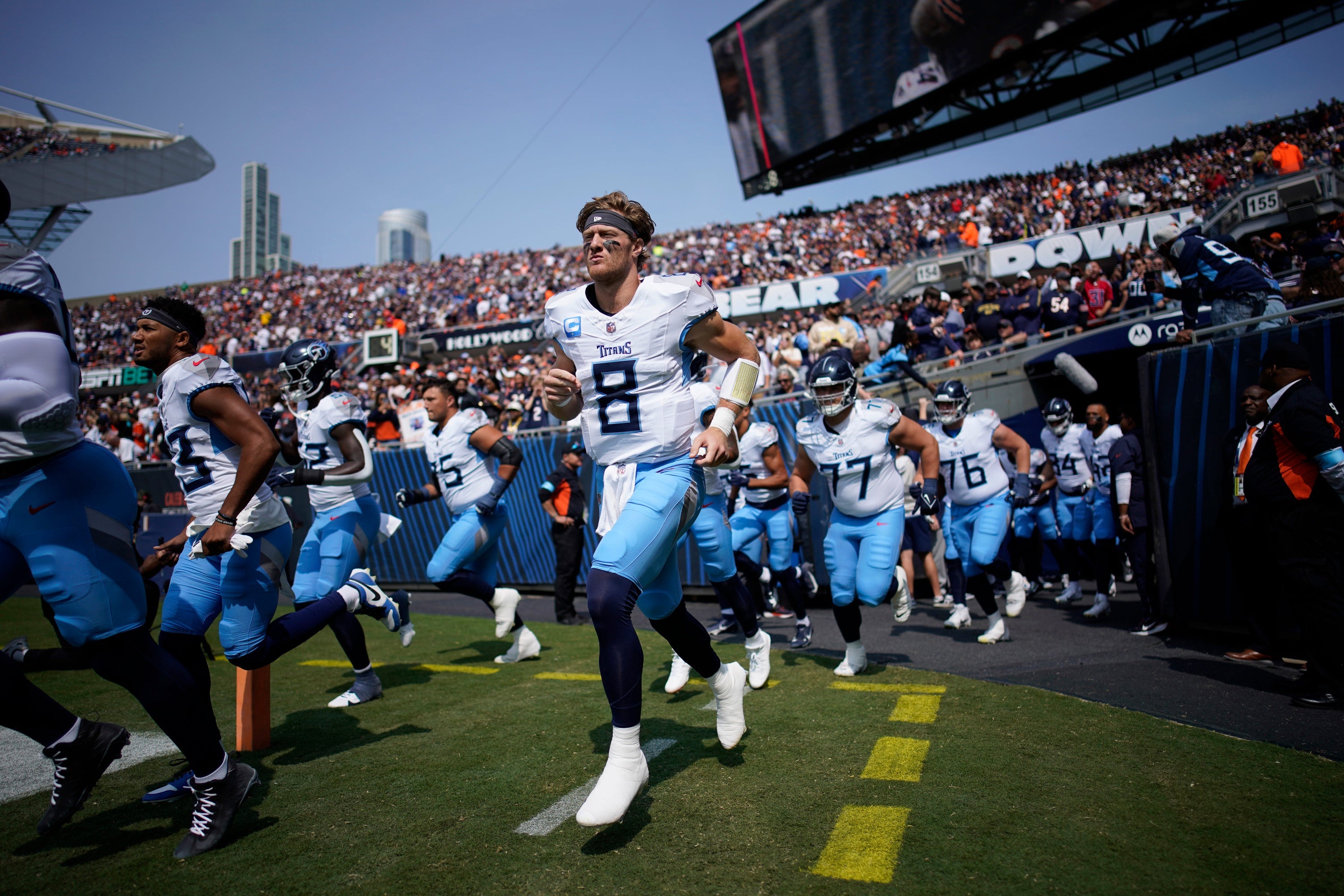 Tennessee Titans quarterback Will Levis (8) takes the field against the Chicago Bears at Soldier Field in Chicago, Ill., Sunday, Sept. 8, 2024.