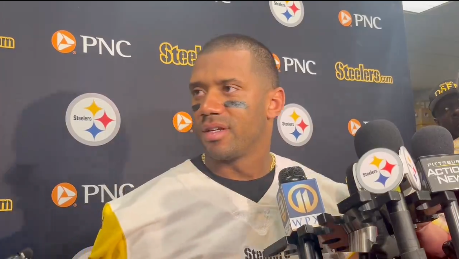Russell Wilson speaks to the media following Thursday's practice ahead of Pittsburgh Steelers vs Denver Broncos, Week 2, 2024 9/12/24