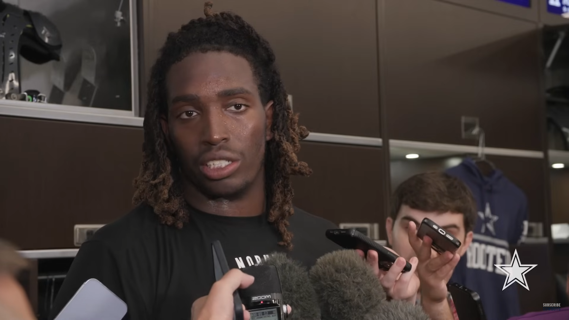 Dallas Cowboys left tackle Tyler Guyton talks to reporters.