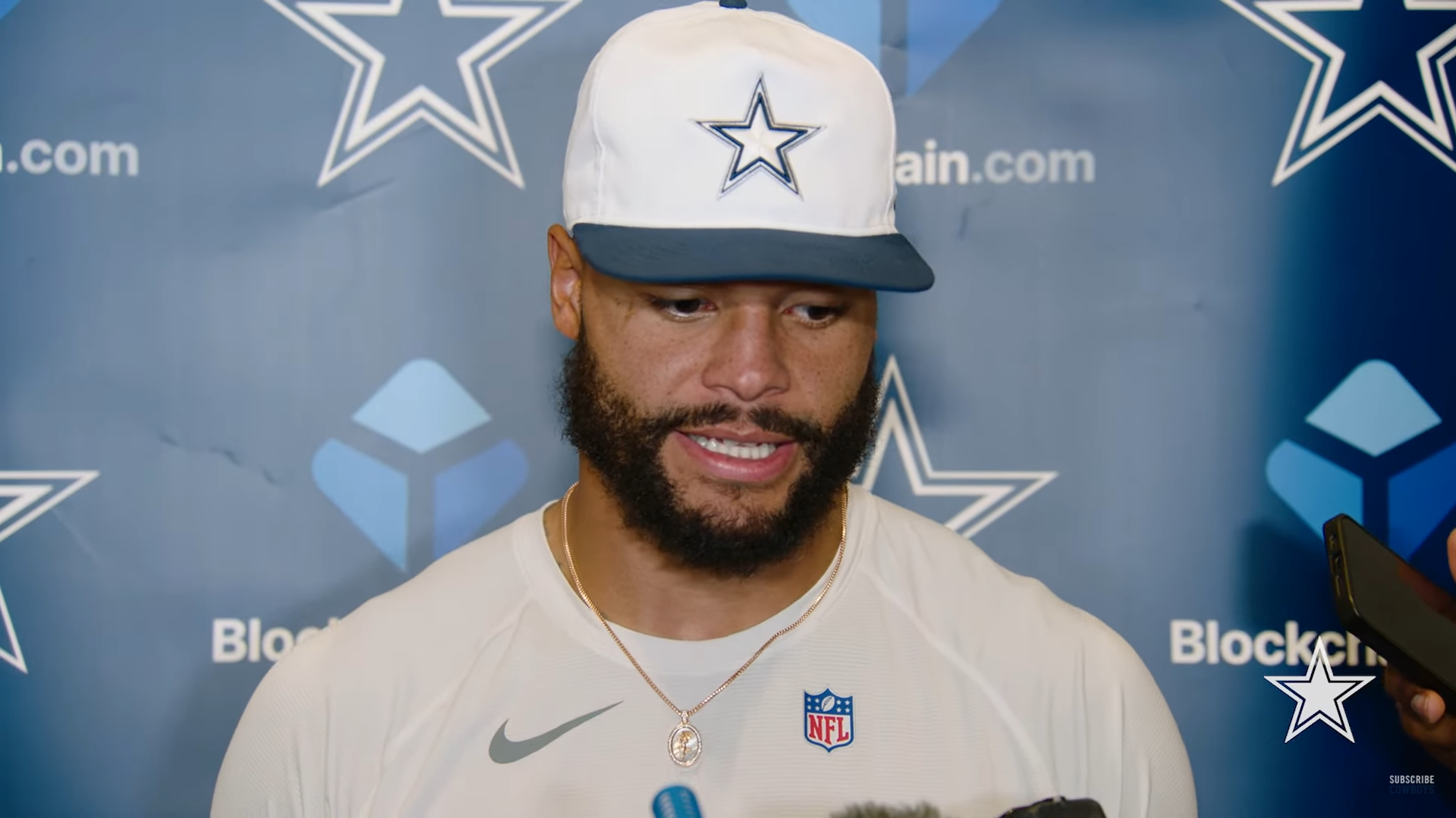 Dallas Cowboys quarterback Dak Prescott talks to reporters ahead of Week 2.