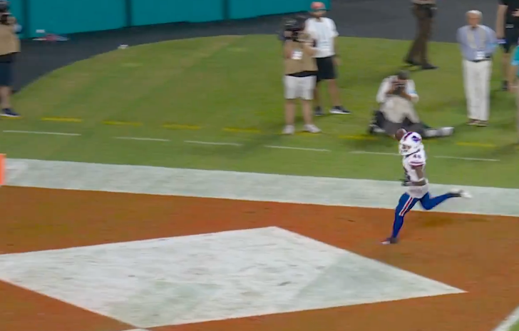 Buffalo Bills' Ja'Marcus Ingram's records his second interception of the night and takes it in for a pick-six