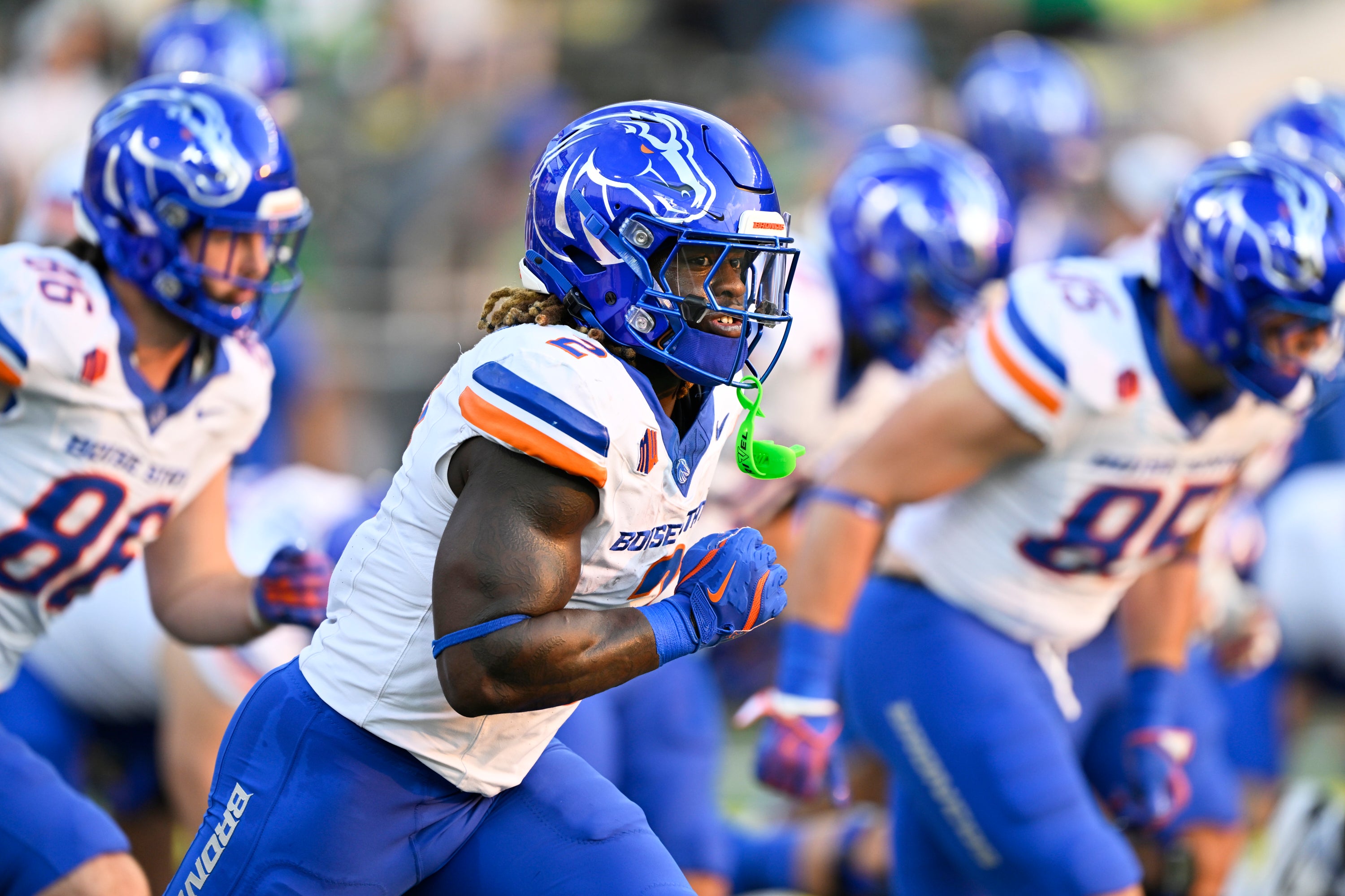 Boise State Broncos running back Ashton Jeanty (2) warms up before a game against the Oregon Ducks at Autzen Stadium.