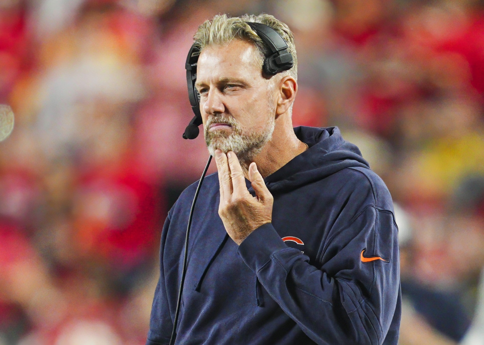 Aug 22, 2024; Kansas City, Missouri, USA; Chicago Bears head coach Matt Eberflus at GEHA Field at Arrowhead Stadium.