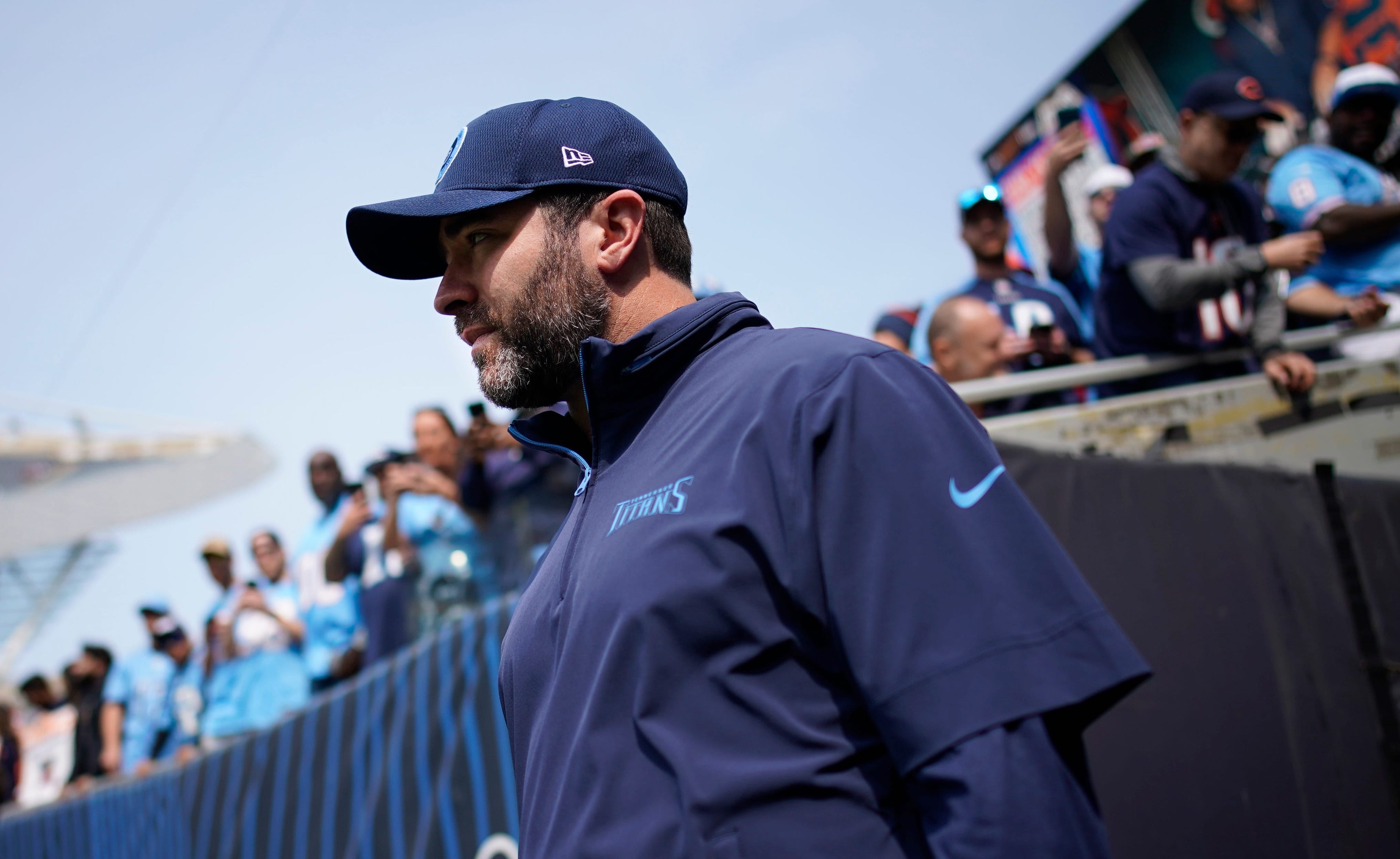 Tennessee Titans Head Coach Brian Callahan heads onto the field for team warmups before the Chicago Bears game at Soldier Field in Chicago, Ill., Sunday, Sept. 8, 2024 Andrew Nelles / The Tennessean-USA TODAY NETWORK