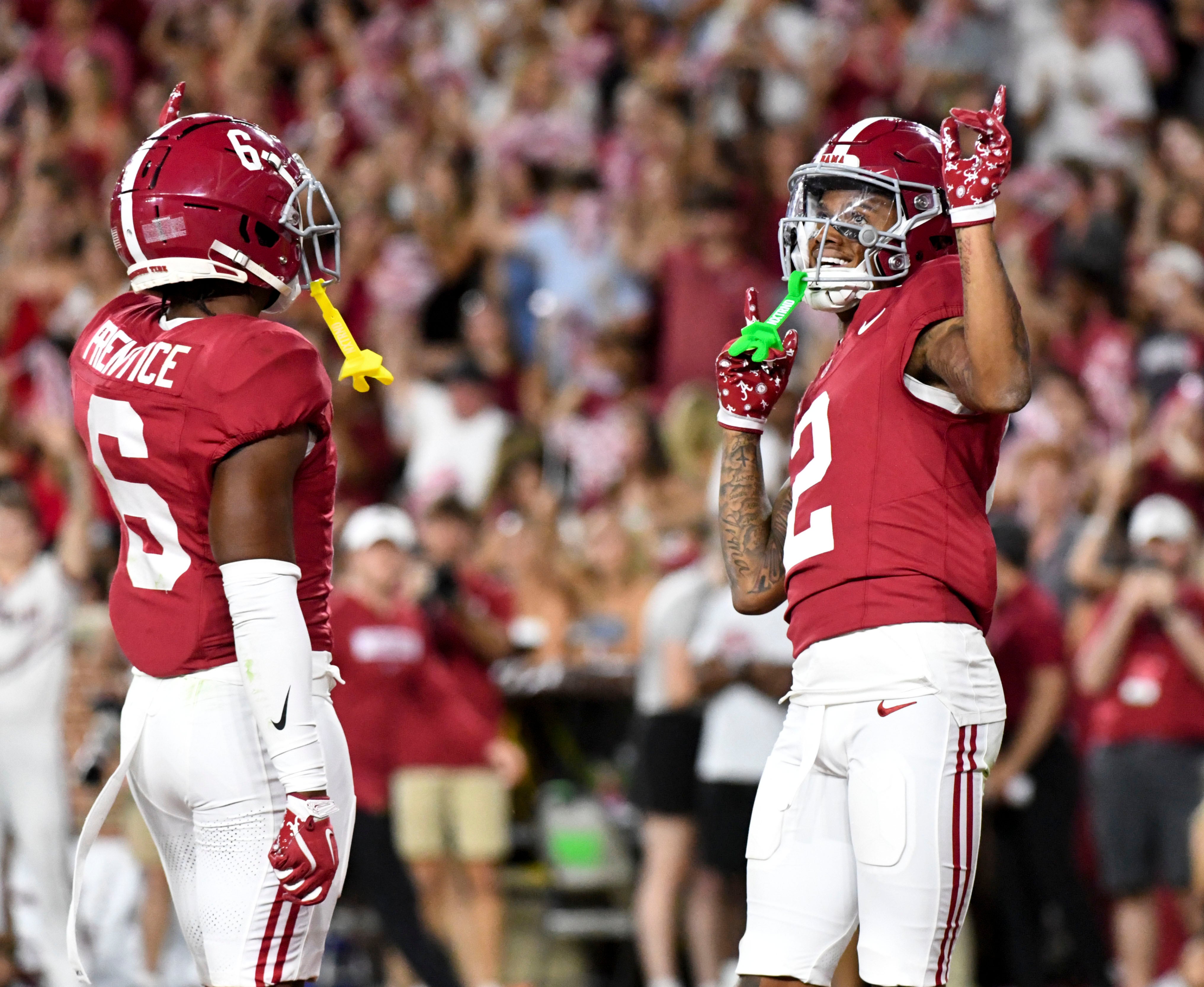 Sep 7, 2024; Tuscaloosa, Alabama, USA; Alabama Crimson Tide wide receiver Ryan Williams (2) celebrate with wide receiver Kobe Prentice (6) after scoring a touchdown against the South Florida Bulls at Bryant-Denny Stadium. Alabama won 42-16.
