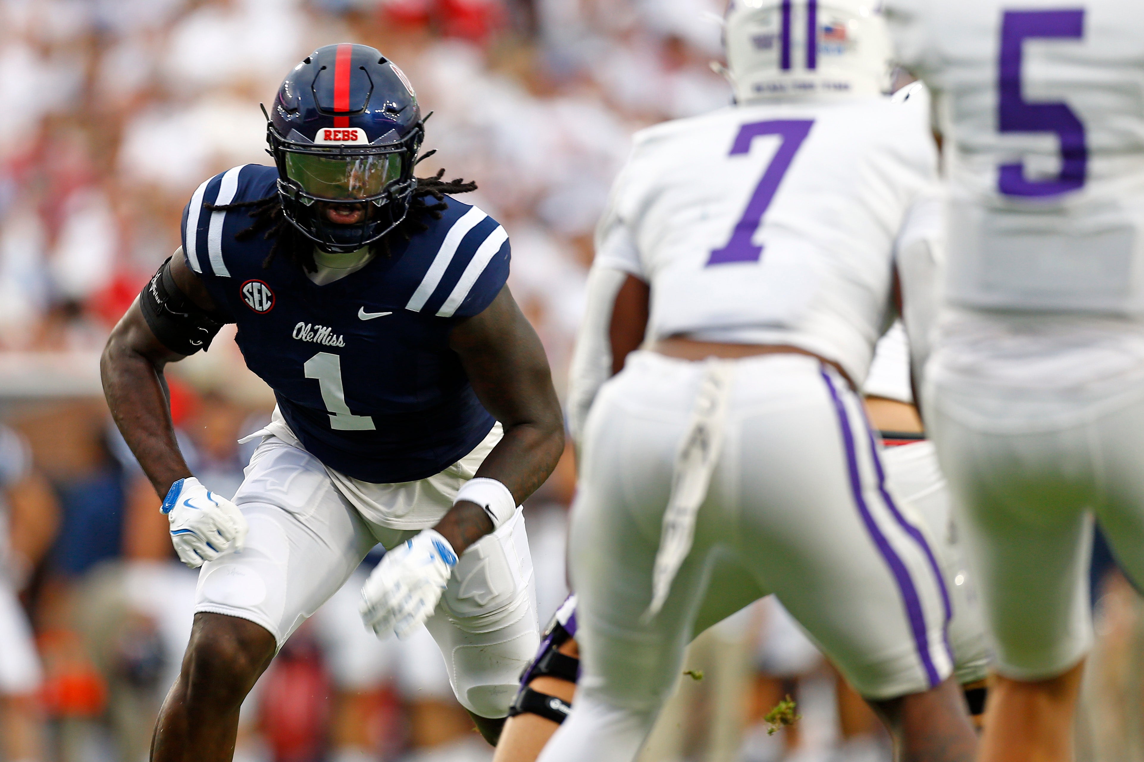 Aug 31, 2024; Oxford, Mississippi, USA; Mississippi Rebels defensive linemen Princely Umanmielen (1) rushes the Furman Paladins quarterback during the first half at Vaught-Hemingway Stadium.
