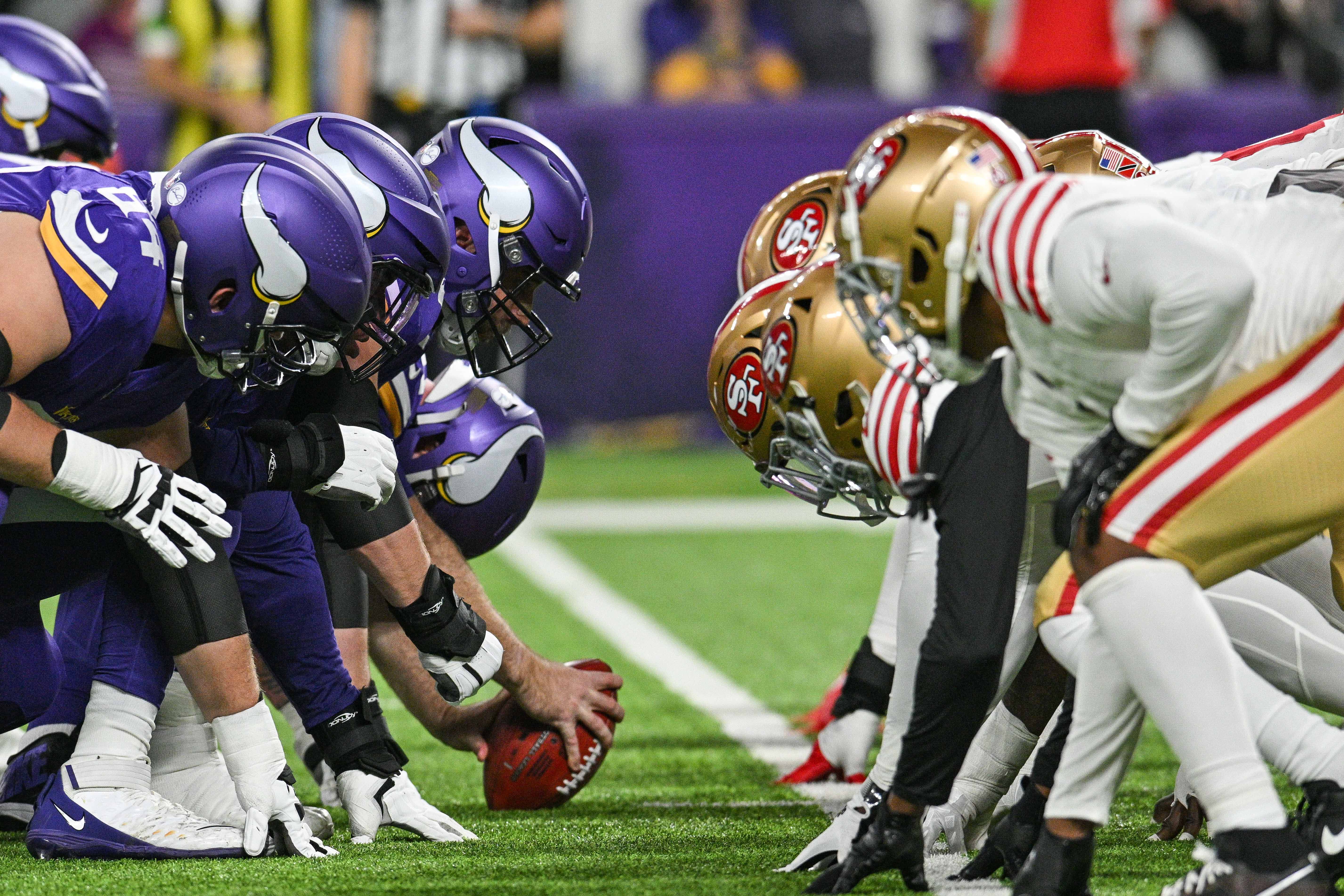 Oct 23, 2023; Minneapolis, Minnesota, USA; The line of scrimmage between the Minnesota Vikings and the San Francisco 49ers during the game at U.S. Bank Stadium.