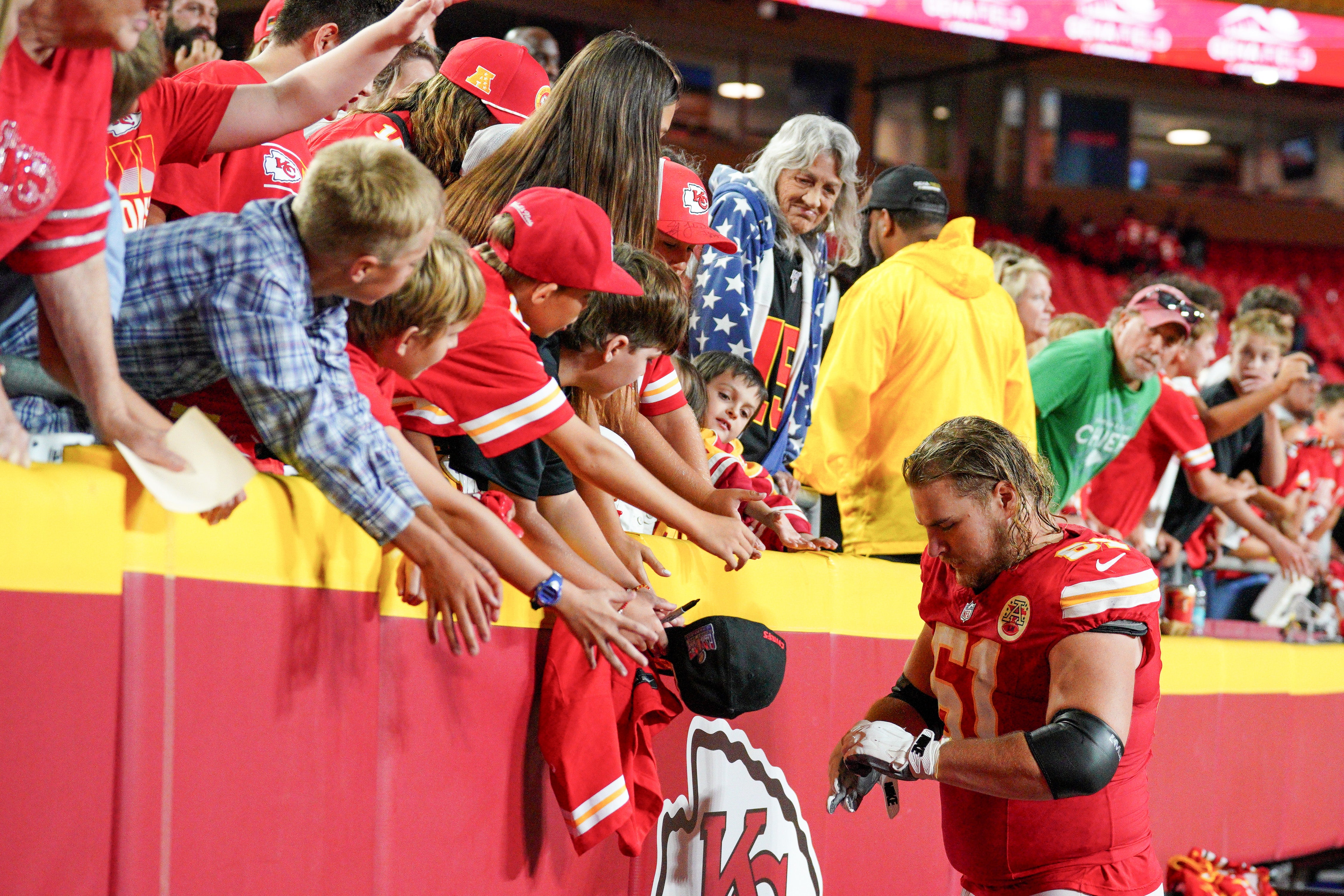 Aug 22, 2024; Kansas City, Missouri, USA; Kansas City Chiefs guard C.J. Hanson (61) leaves the field after the game against the Chicago Bears at GEHA Field at Arrowhead Stadium.
