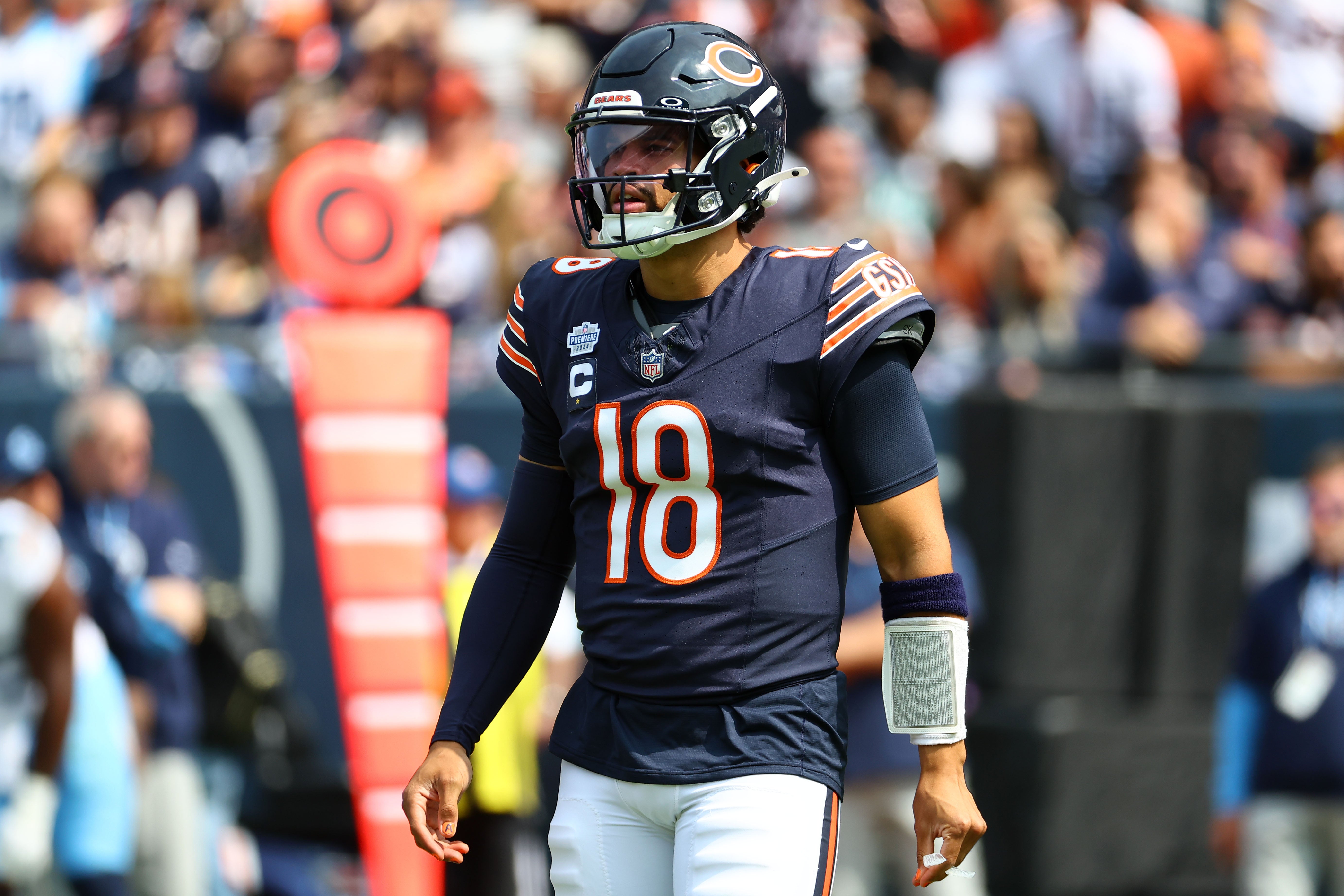 Sep 8, 2024; Chicago, Illinois, USA; Chicago Bears quarterback Caleb Williams (18) during the second half against the Tennessee Titans at Soldier Field.
