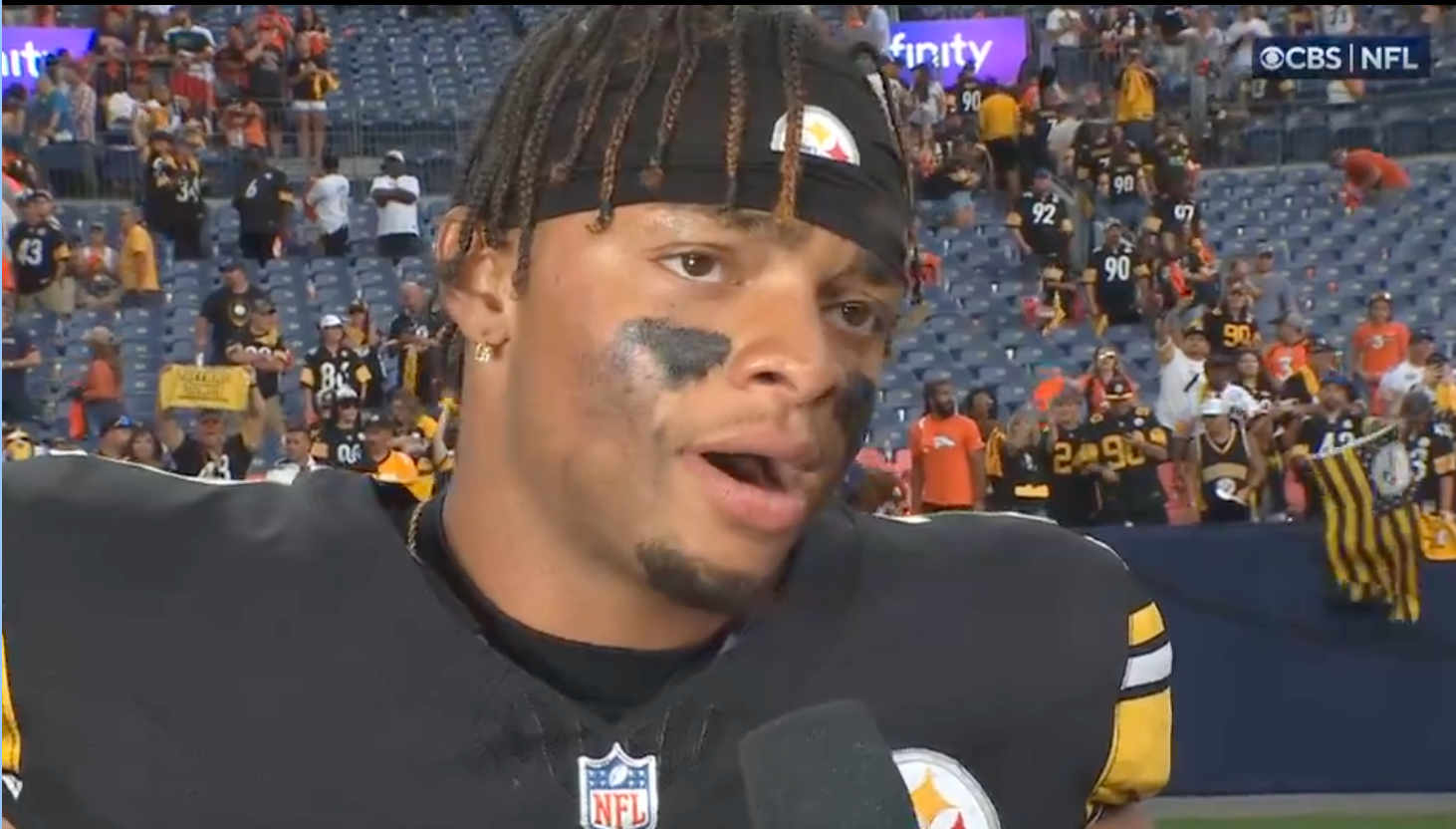 Justin Fields addresses the media following 13-6 win vs Broncos in Week 2 of 2024 season, 9/15/24