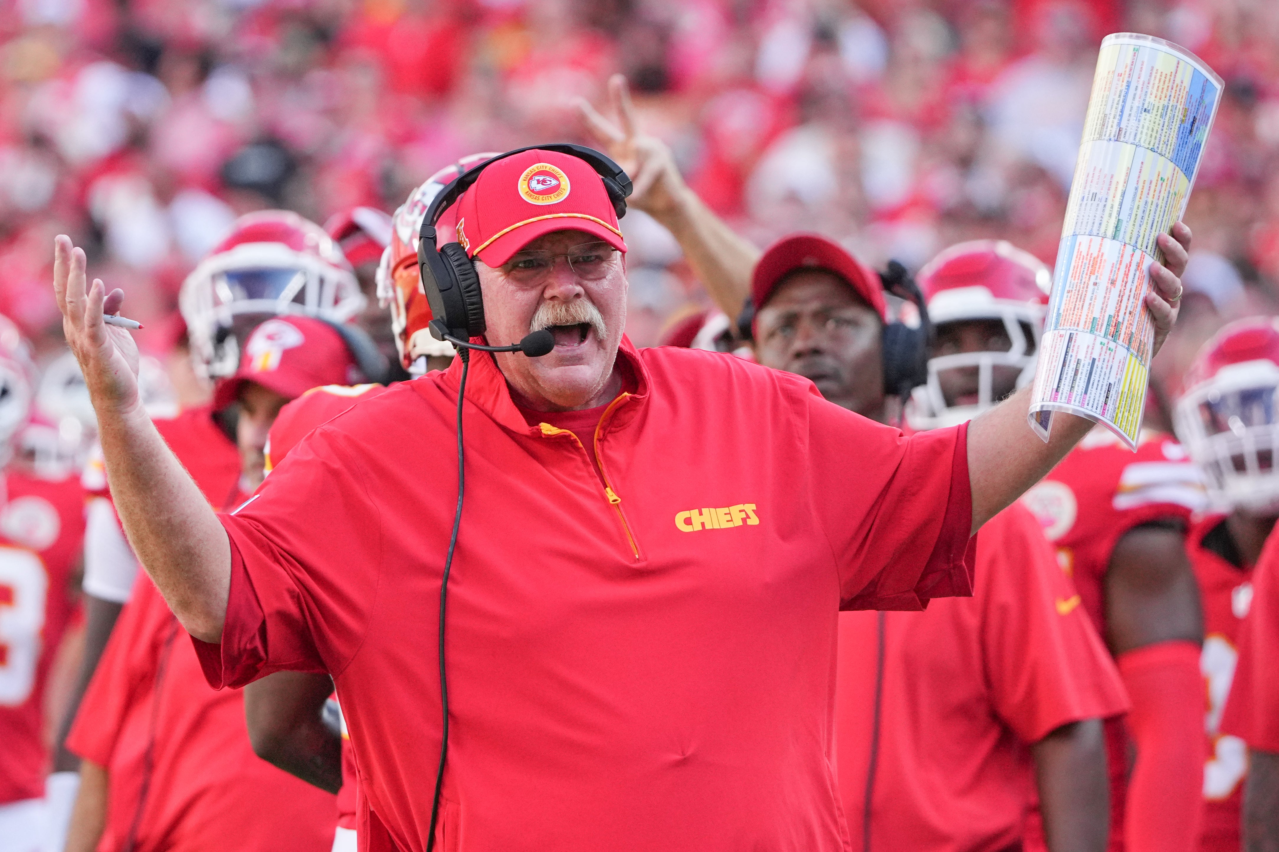 Sep 15, 2024; Kansas City, Missouri, USA; Kansas City Chiefs head coach Andy Reid reacts to a no-call against the Kansas City Chiefs during the first half at GEHA Field at Arrowhead Stadium.