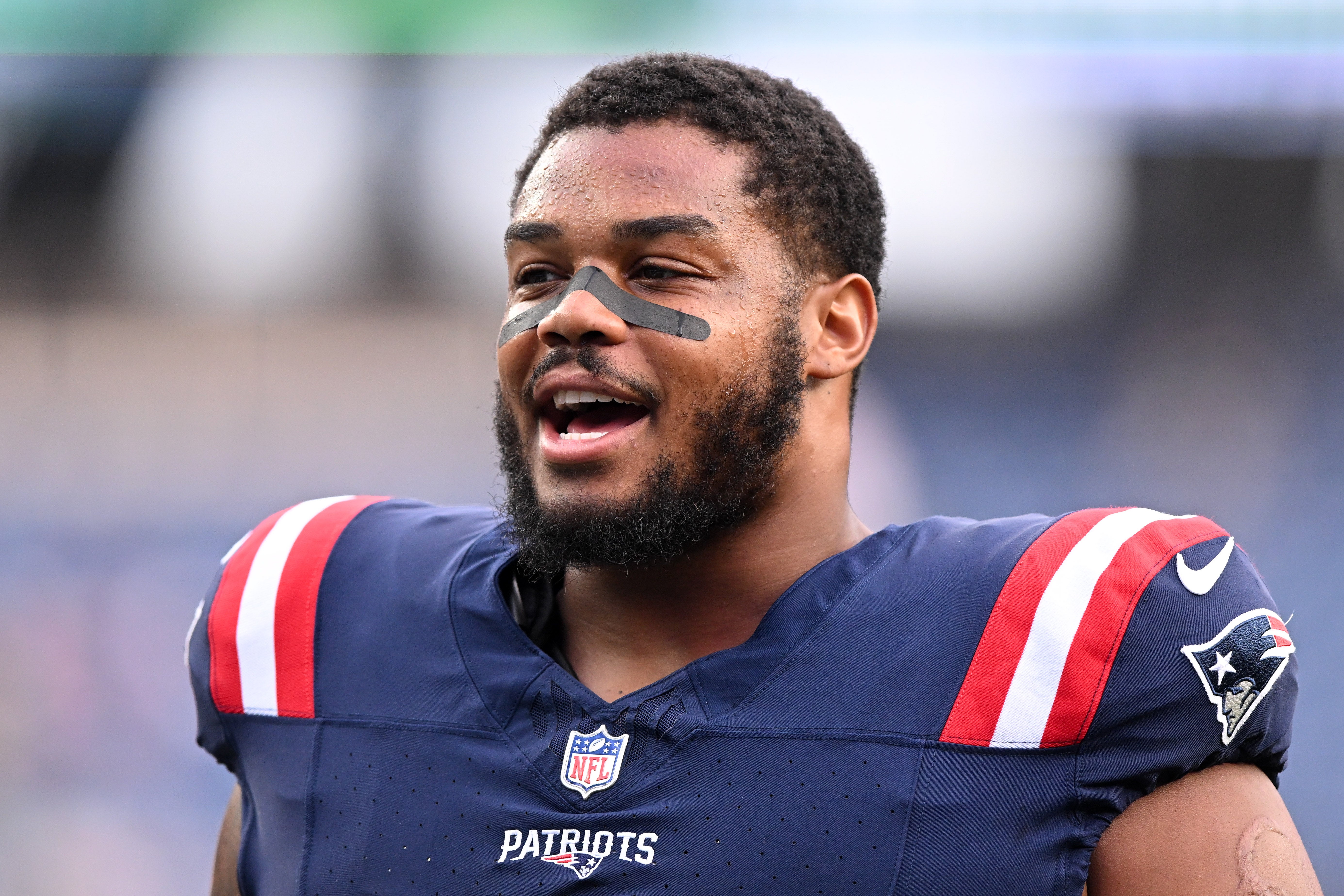 Aug 15, 2024; Foxborough, Massachusetts, USA; New England Patriots guard Nick Leverett (51) walks onto he field before a game against the Philadelphia Eagles at Gillette Stadium.