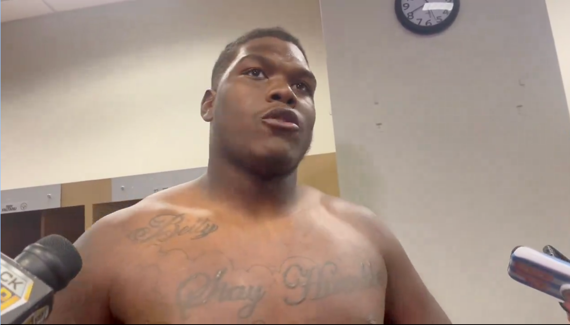 Pittsburgh Steelers OT Broderick Jones addresses the media following 13-6 win over Denver Broncos in Week 2 of 2024 NFL Season