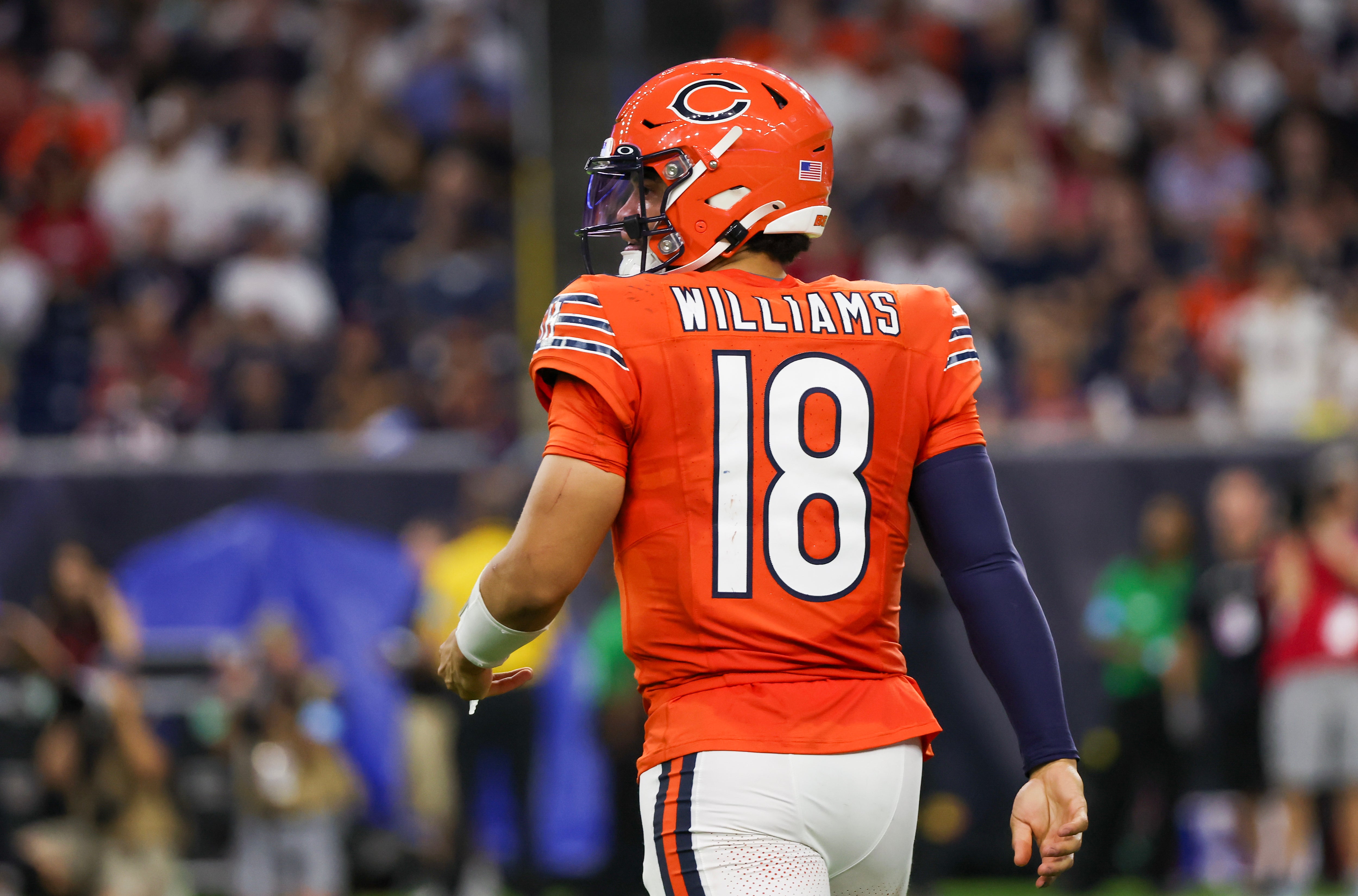 Sep 15, 2024; Houston, Texas, USA; Chicago Bears quarterback Caleb Williams (18) after turning the ball over on downs against the Chicago Bears in the third quarter at NRG Stadium.