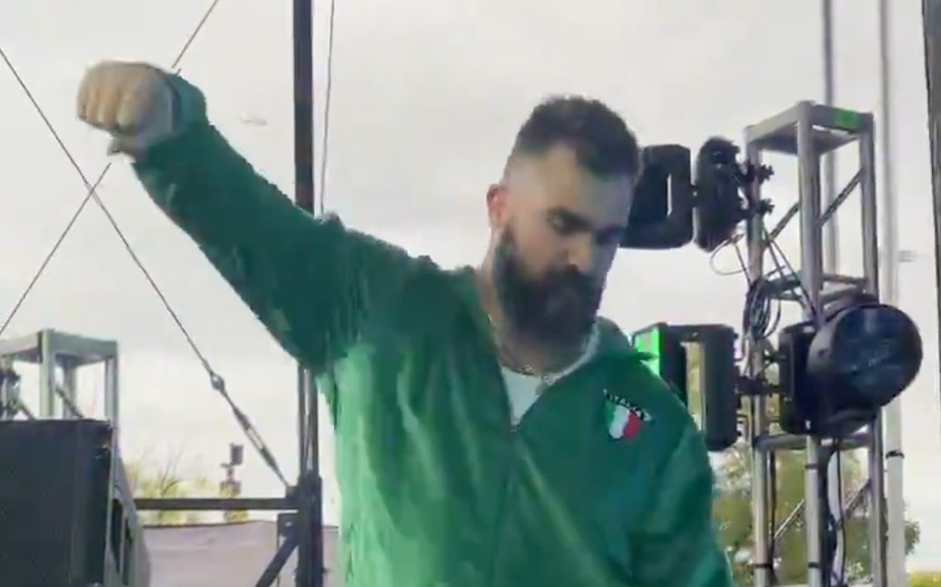 Jason Kelce dances during pregame during his return to Lincoln Financial Field for Monday Night Football