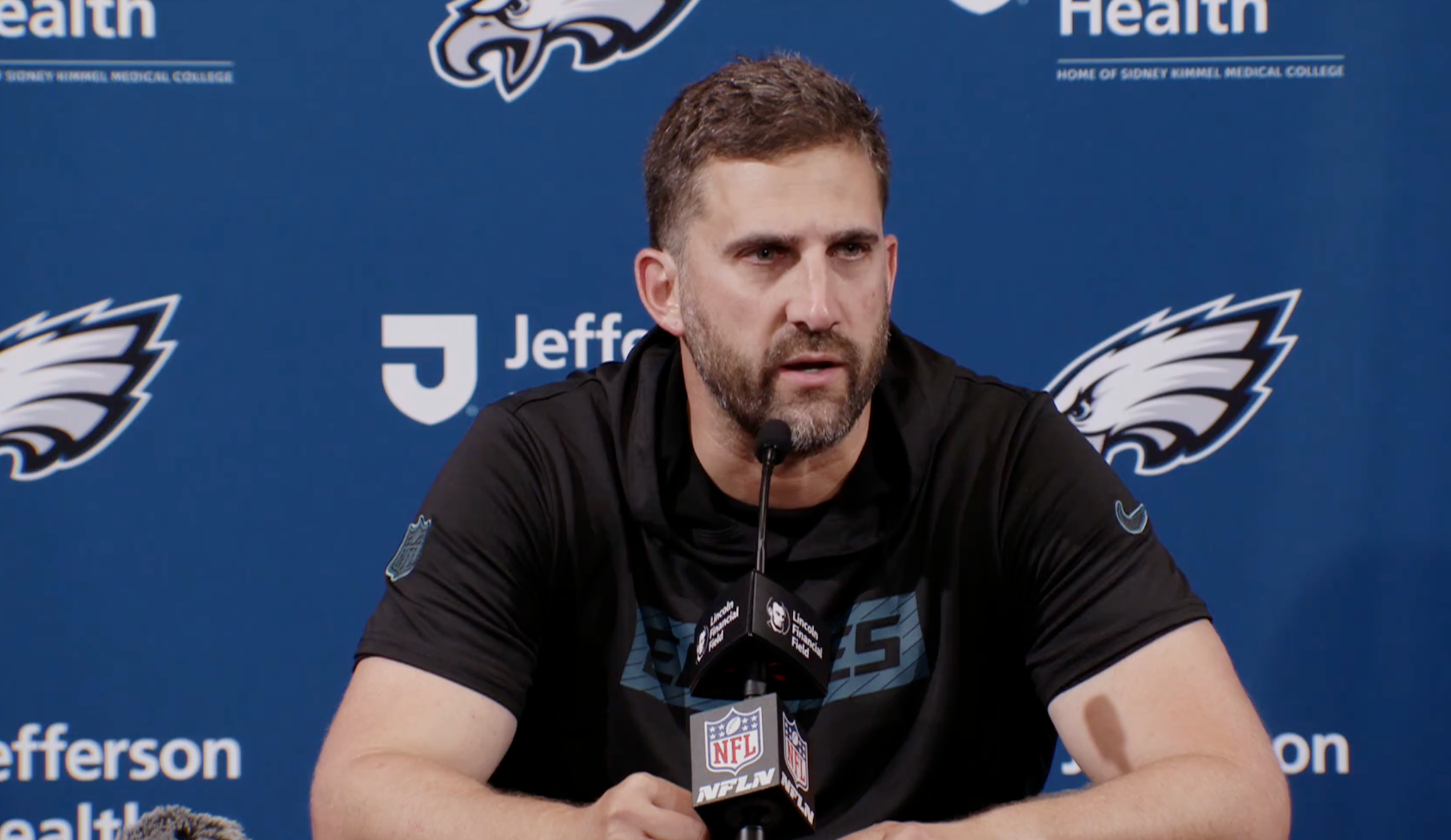 Nick Sirianni speaks to reporters following Monday Night Football loss to Atlanta Falcons
