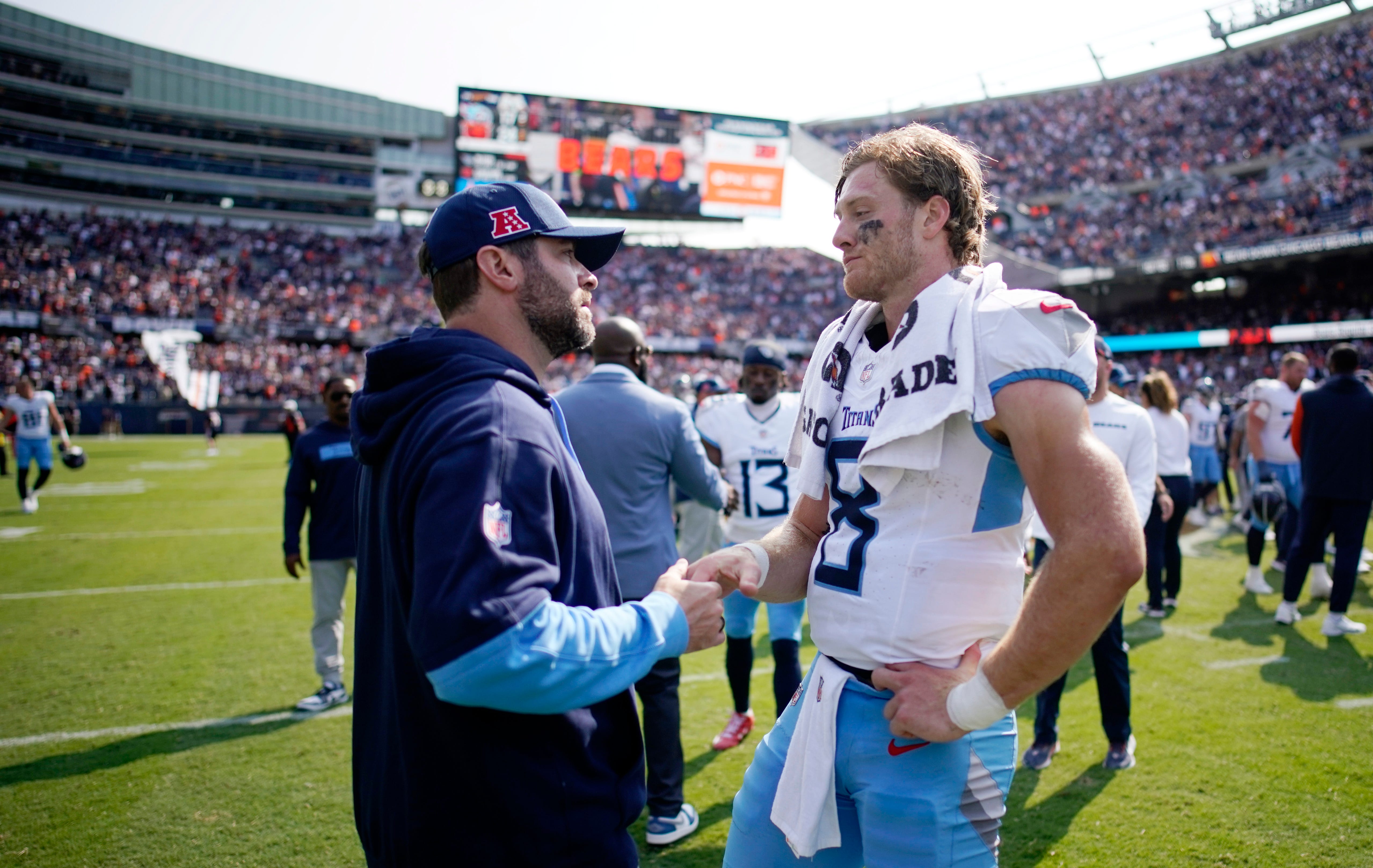 Tennessee Titans Head Coach Brian Callahan talks with quarterback Will Levis (8) on the field after their 24-17 loss against the Chicago Bears at Soldier Field in Chicago, Ill., Sunday, Sept. 8, 2024 Andrew Nelles / The Tennessean-USA TODAY NETWORK