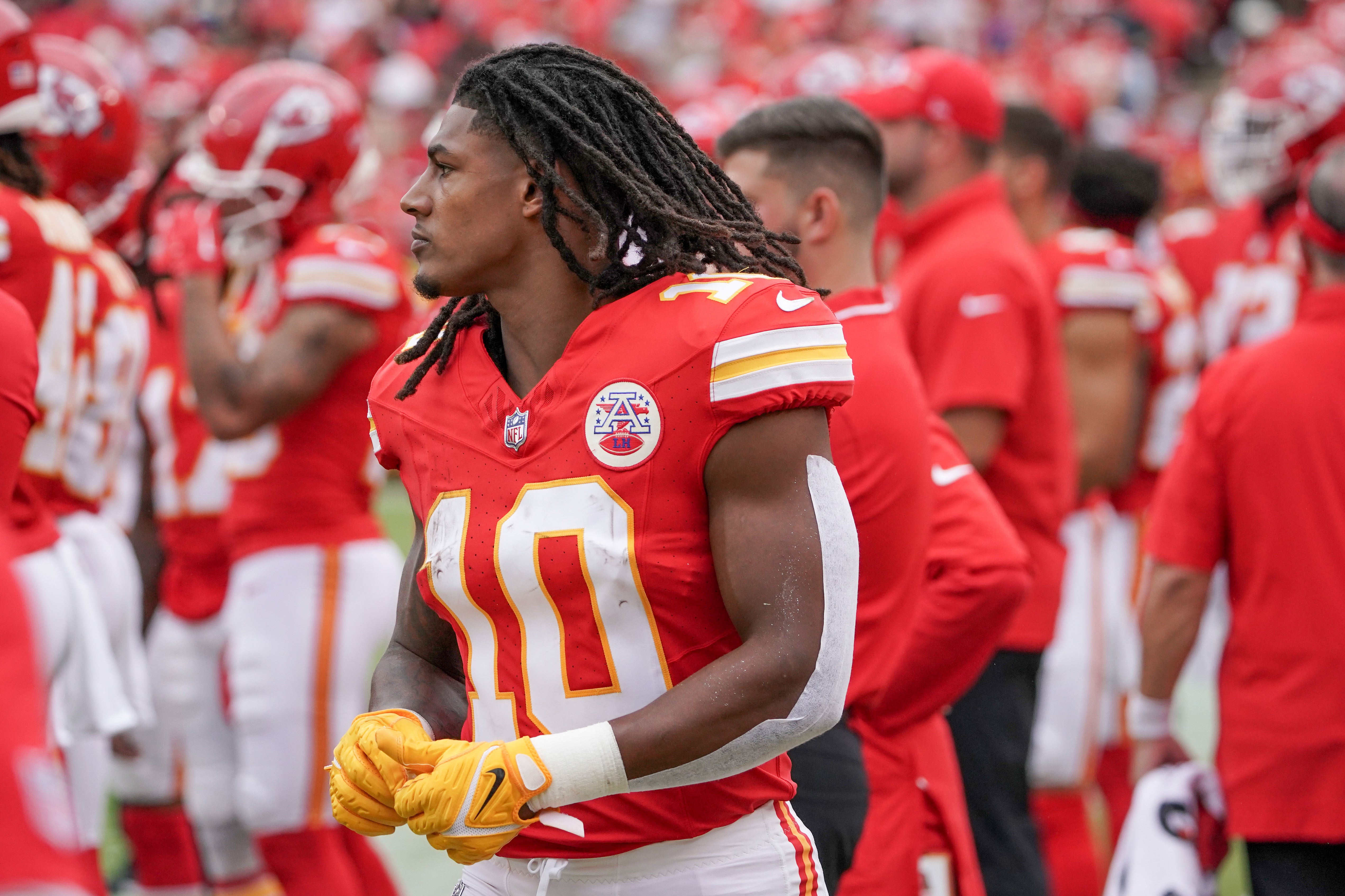 Aug 26, 2023; Kansas City, Missouri, USA; Kansas City Chiefs running back Isiah Pacheco (10) on the sidelines against the Cleveland Browns during the game at GEHA Field at Arrowhead Stadium.
