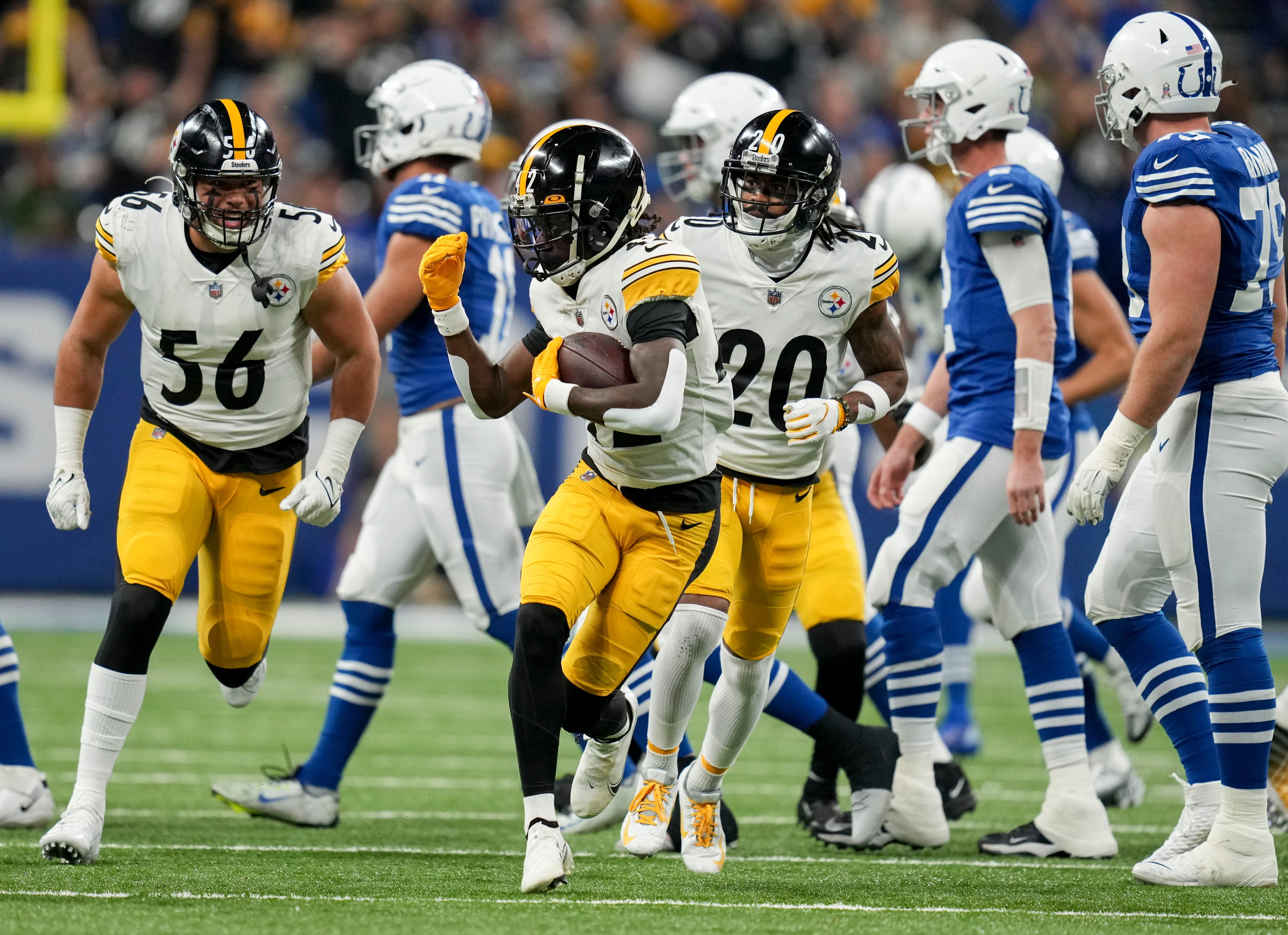 Pittsburgh Steelers cornerback James Pierre (42) comes up with the ball after a Indianapolis Colts fumble Monday, Nov. 28, 2022, during a game against the Pittsburgh Steelers at Lucas Oil Stadium in Indianapolis.