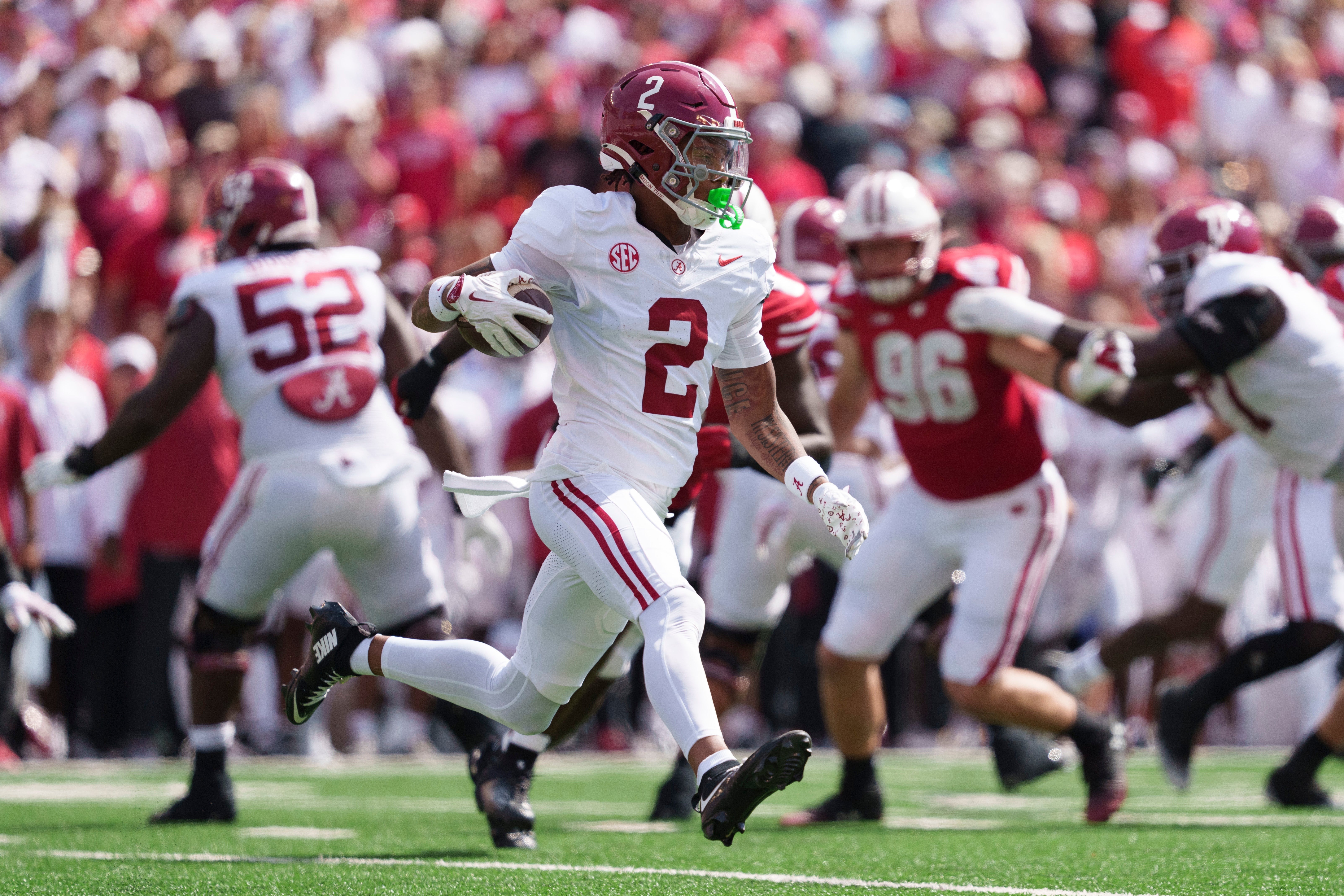 Sep 14, 2024; Madison, Wisconsin, USA; Alabama Crimson Tide wide receiver Ryan Williams (2) during the game against the Wisconsin Badgers at Camp Randall Stadium. Mandatory Credit: Jeff Hanisch-Imagn Images  