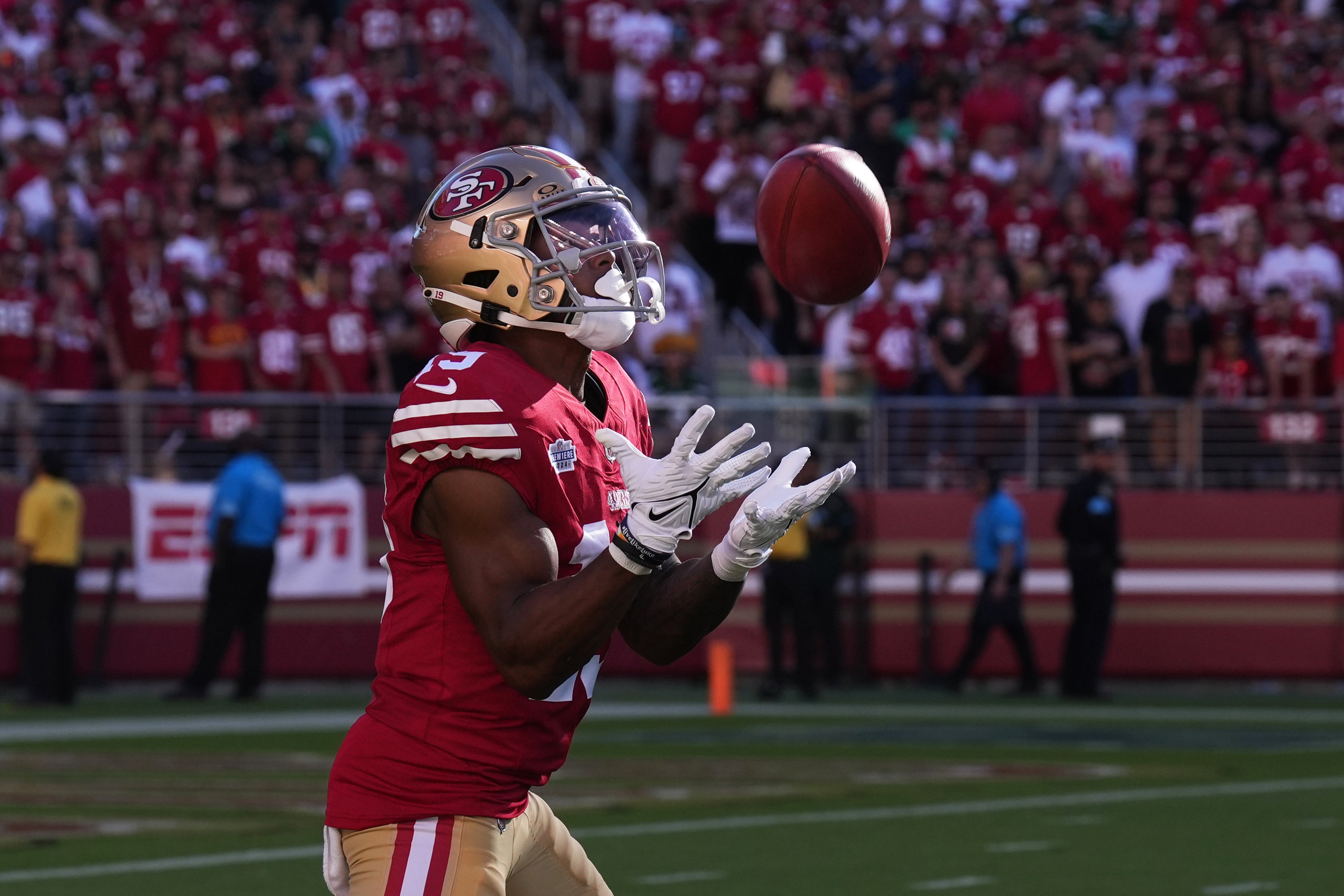 Sep 9, 2024; Santa Clara, California, USA; San Francisco 49ers wide receiver Jacob Cowing (19) catches a punt against the New York Jets during the first quarter at Levi's Stadium.