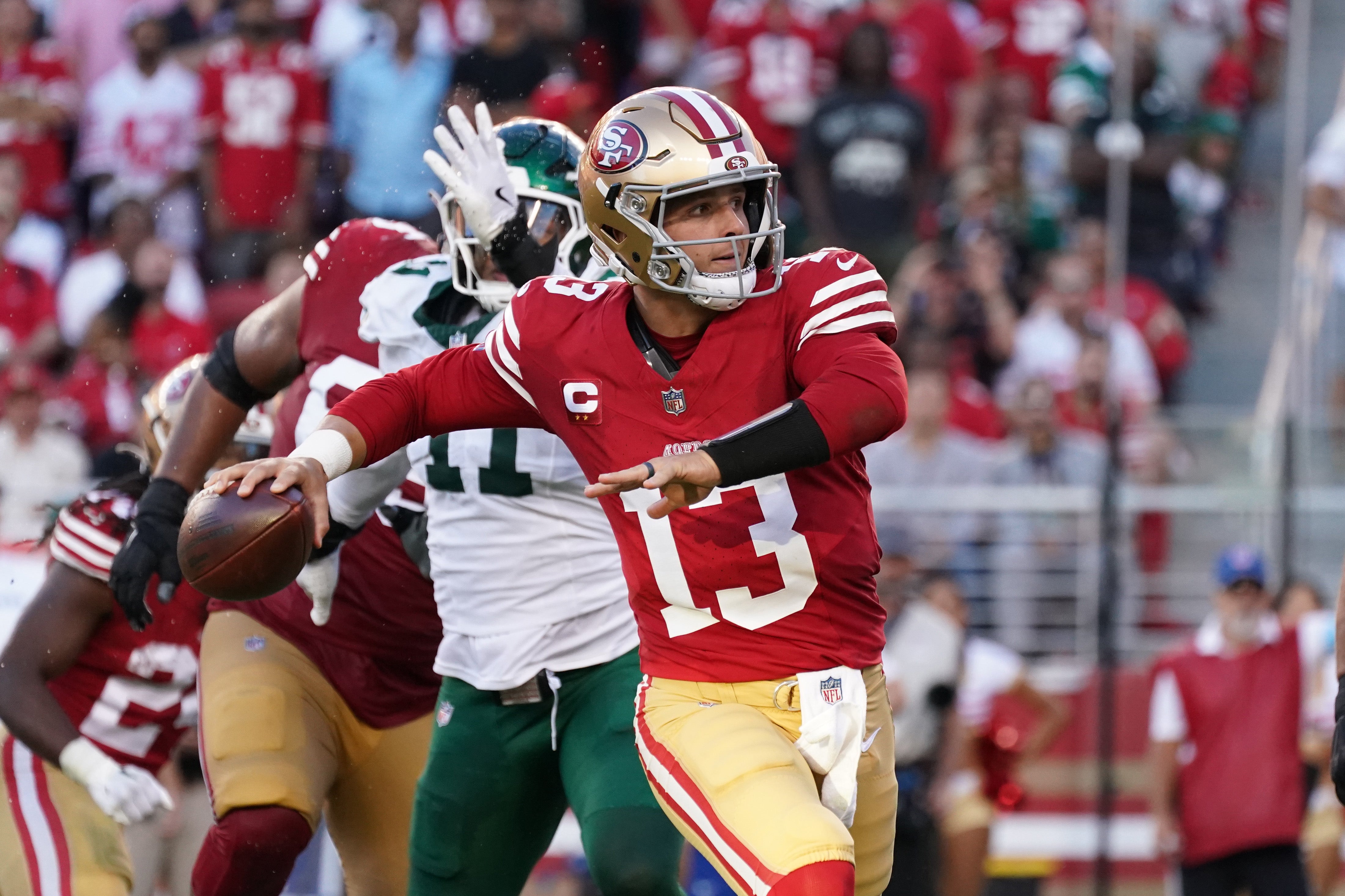 Sep 9, 2024; Santa Clara, California, USA; San Francisco 49ers quarterback Brock Purdy (13) prepares to pass in the second quarter against the New York Jets at Levi's Stadium.
