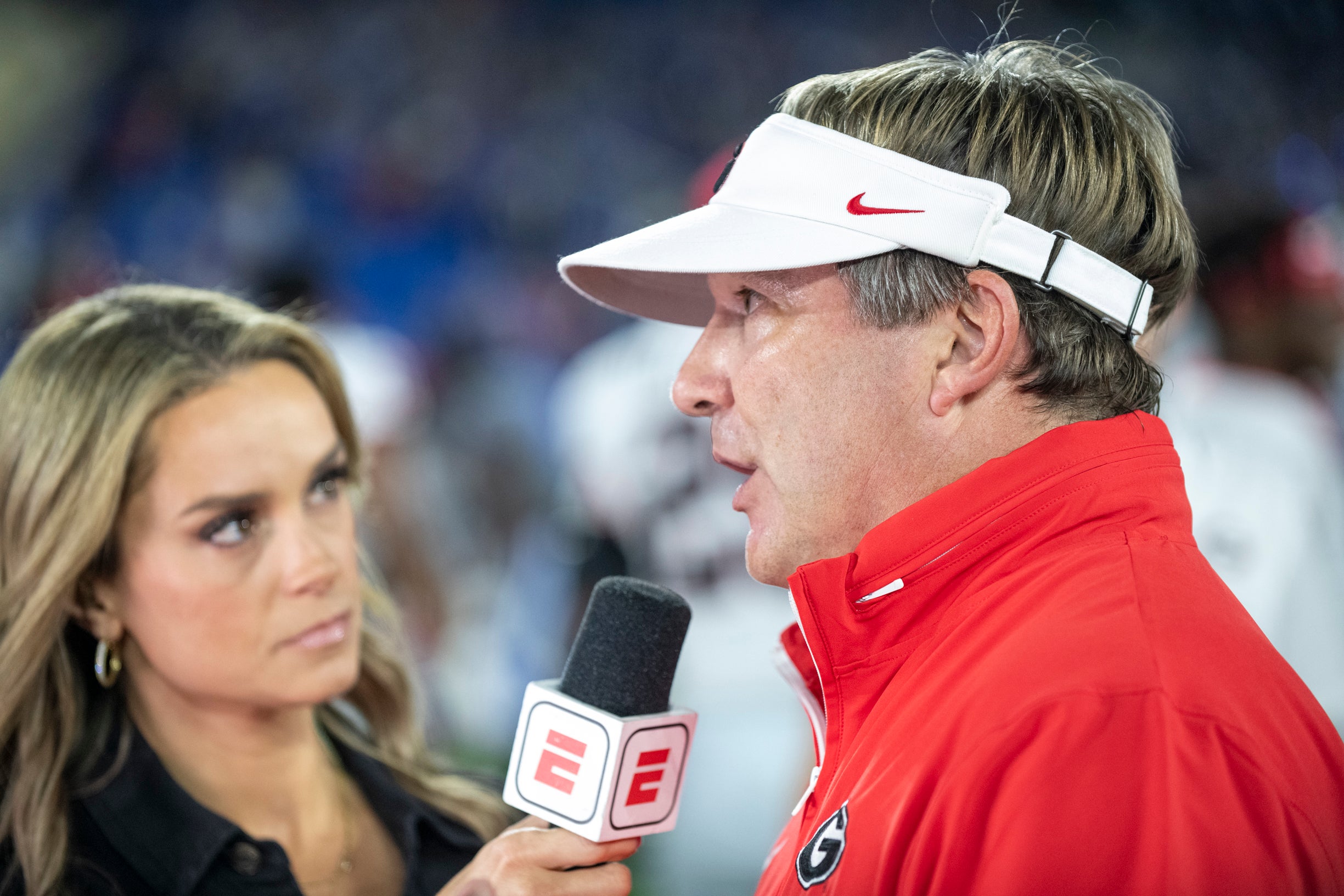 Sep 14, 2024; Lexington, Kentucky, USA; Georgia Bulldogs head coach Kirby Smart is interviewed at the end of the game against the Kentucky Wildcats at Kroger Field.
