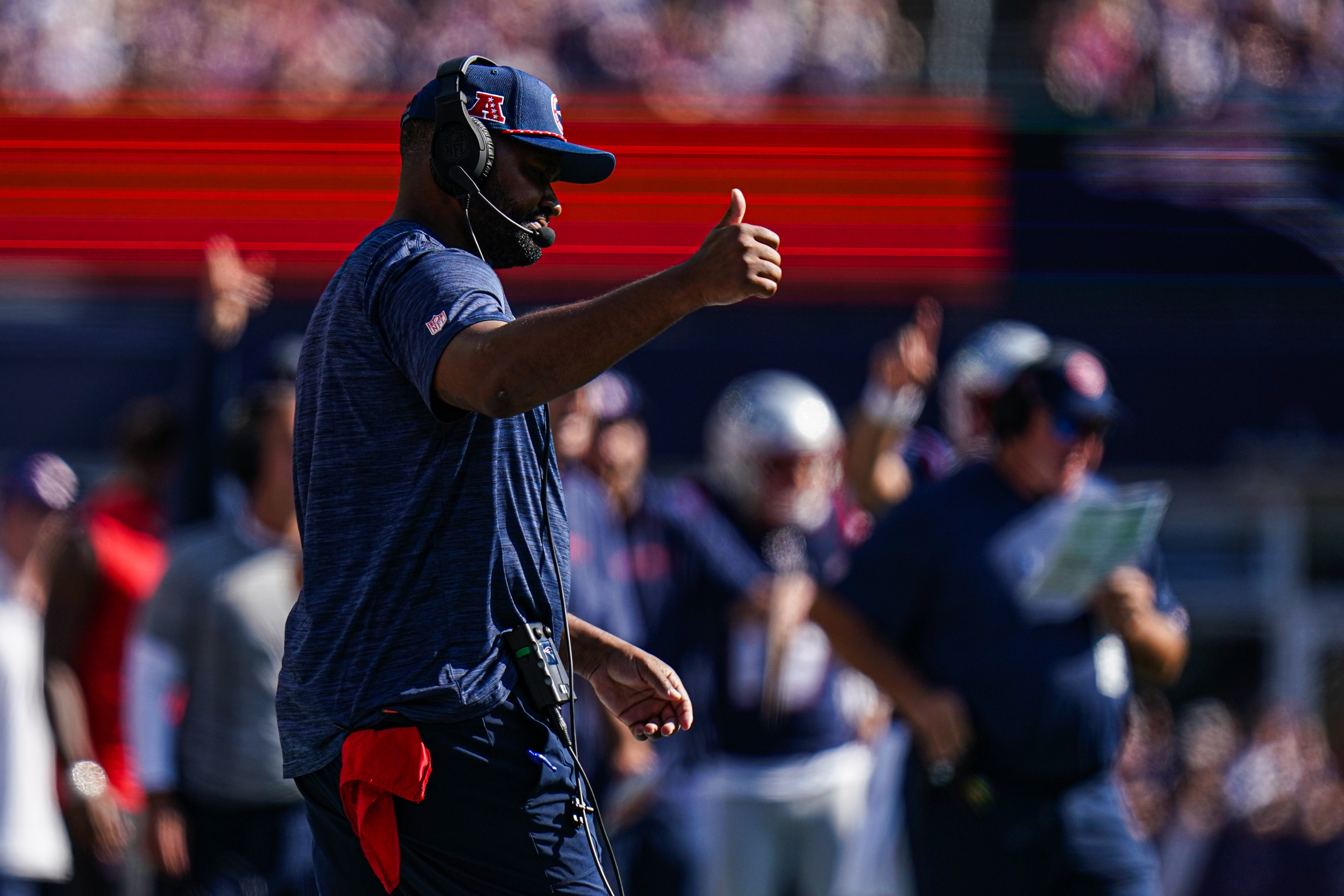 Sep 15, 2024; Foxborough, Massachusetts, USA; New England Patriots head coach Jerod Mayo watches from the sideline as they take on the Seattle Seahawks at Gillette Stadium.