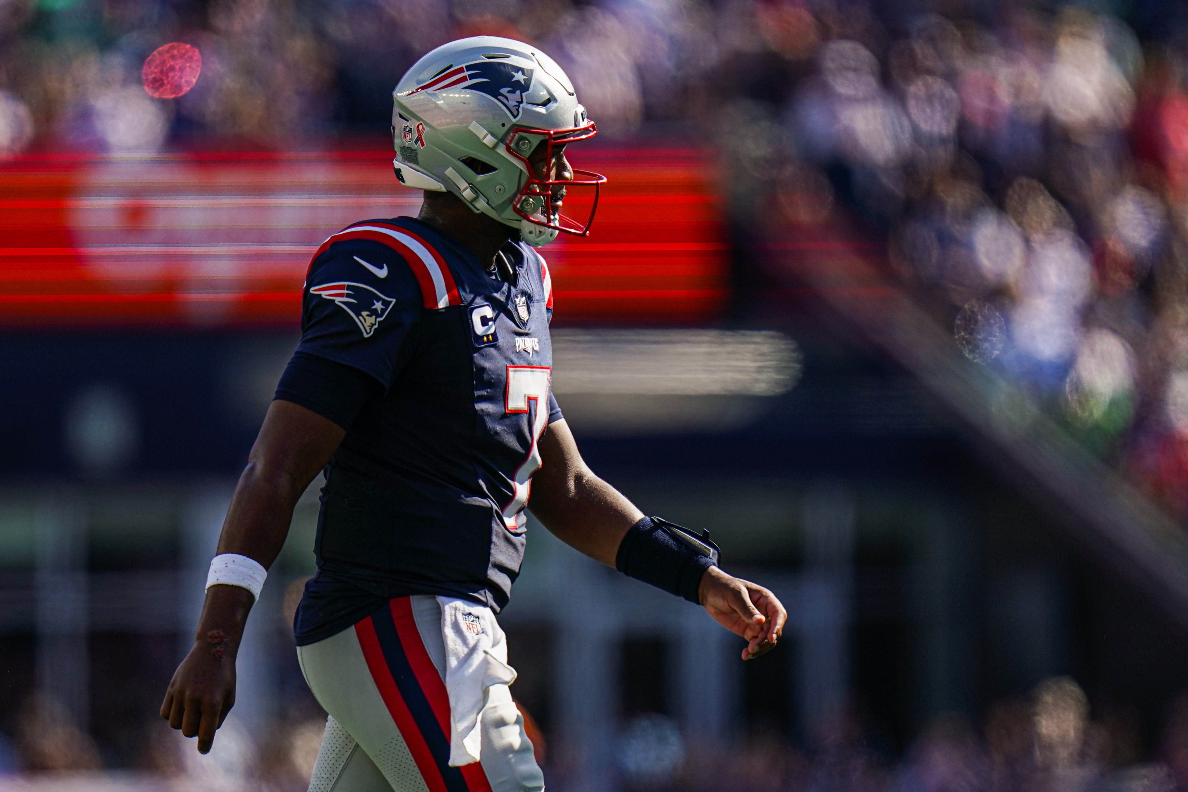 Sep 15, 2024; Foxborough, Massachusetts, USA; New England Patriots quarterback Jacoby Brissett (7) on the field against the Seattle Seahawks in the second half at Gillette Stadium