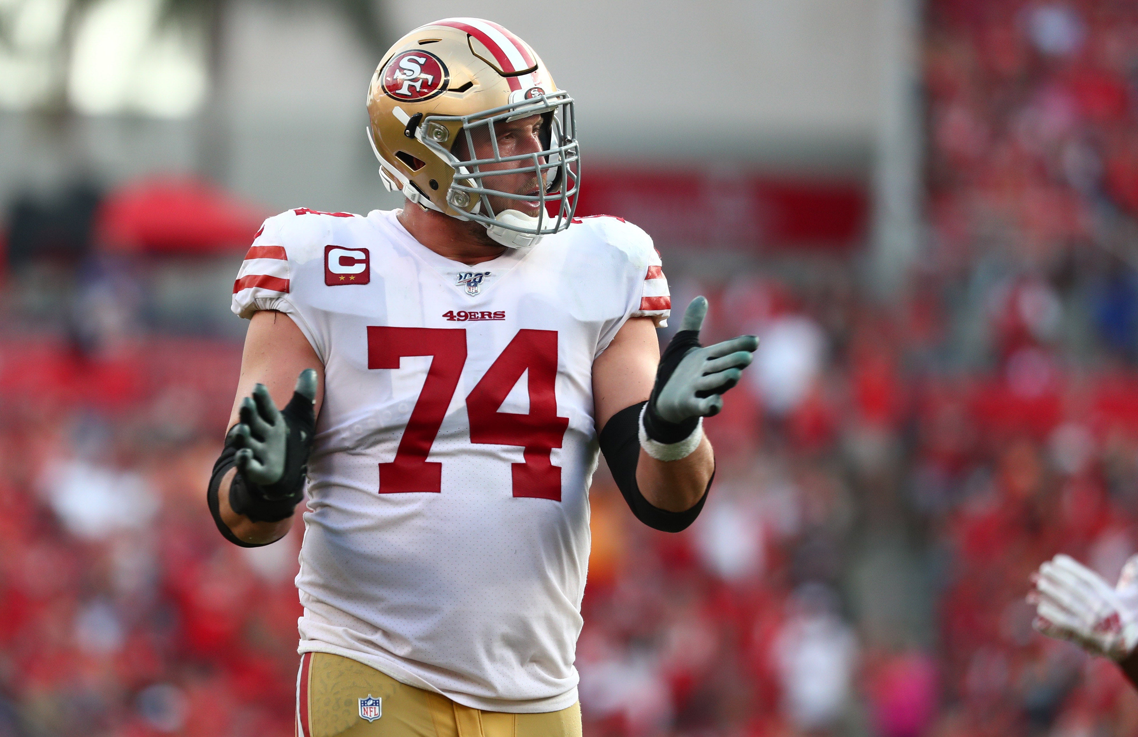 Sep 8, 2019; Tampa, FL, USA; San Francisco 49ers offensive tackle Joe Staley (74) during the second half at Raymond James Stadium.