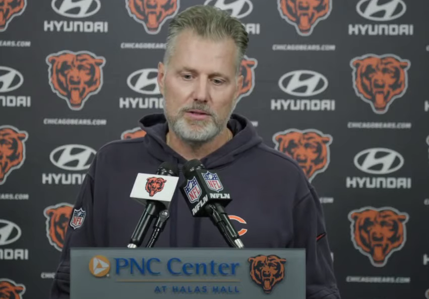 Matt Eberflus addresses the media at Halas Hall.