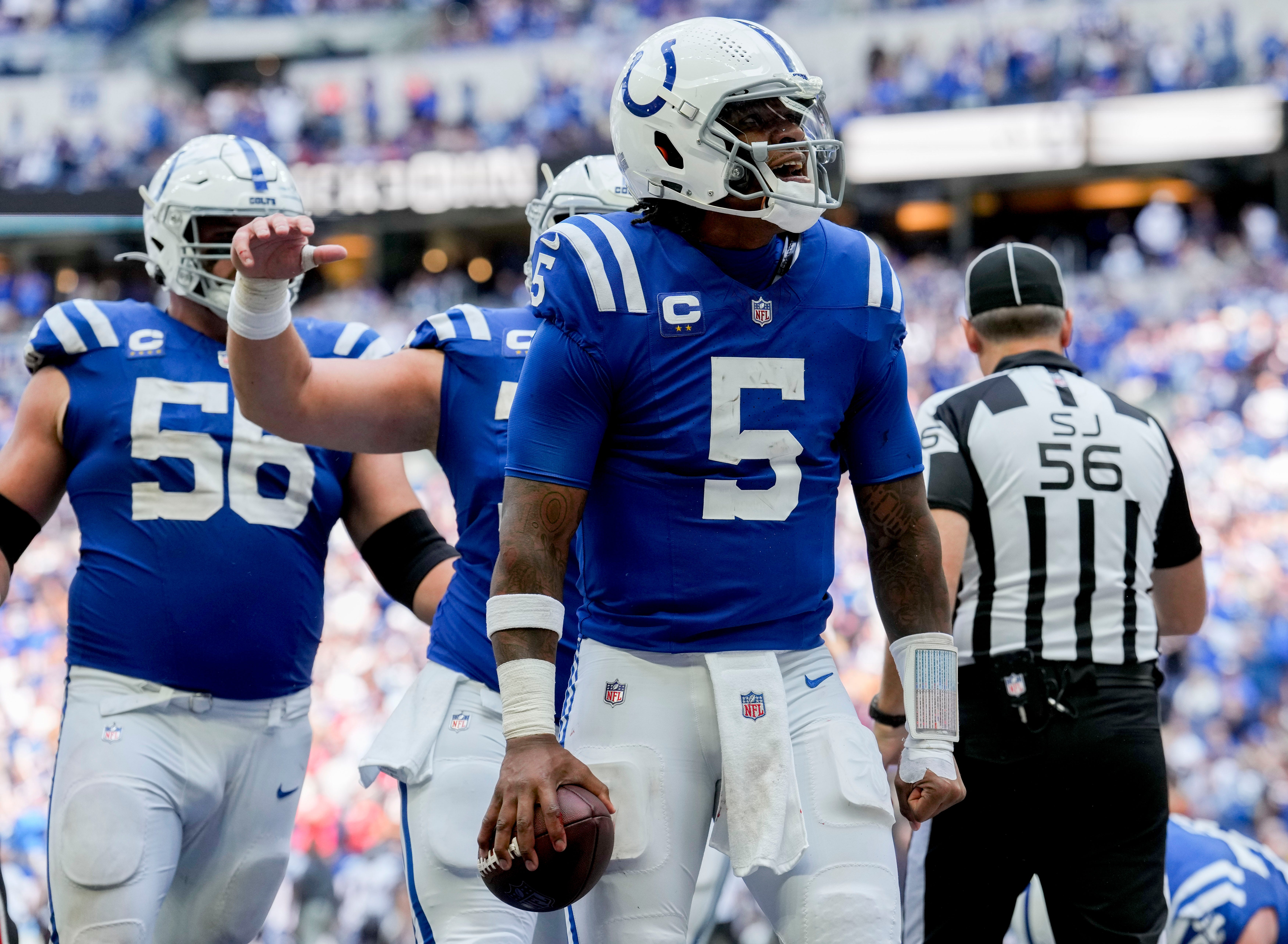 Indianapolis Colts quarterback Anthony Richardson (5) celebrates after scoring a touchdown Sunday, Sept. 8, 2024, during a game against the Houston Texans at Lucas Oil Stadium in Indianapolis.