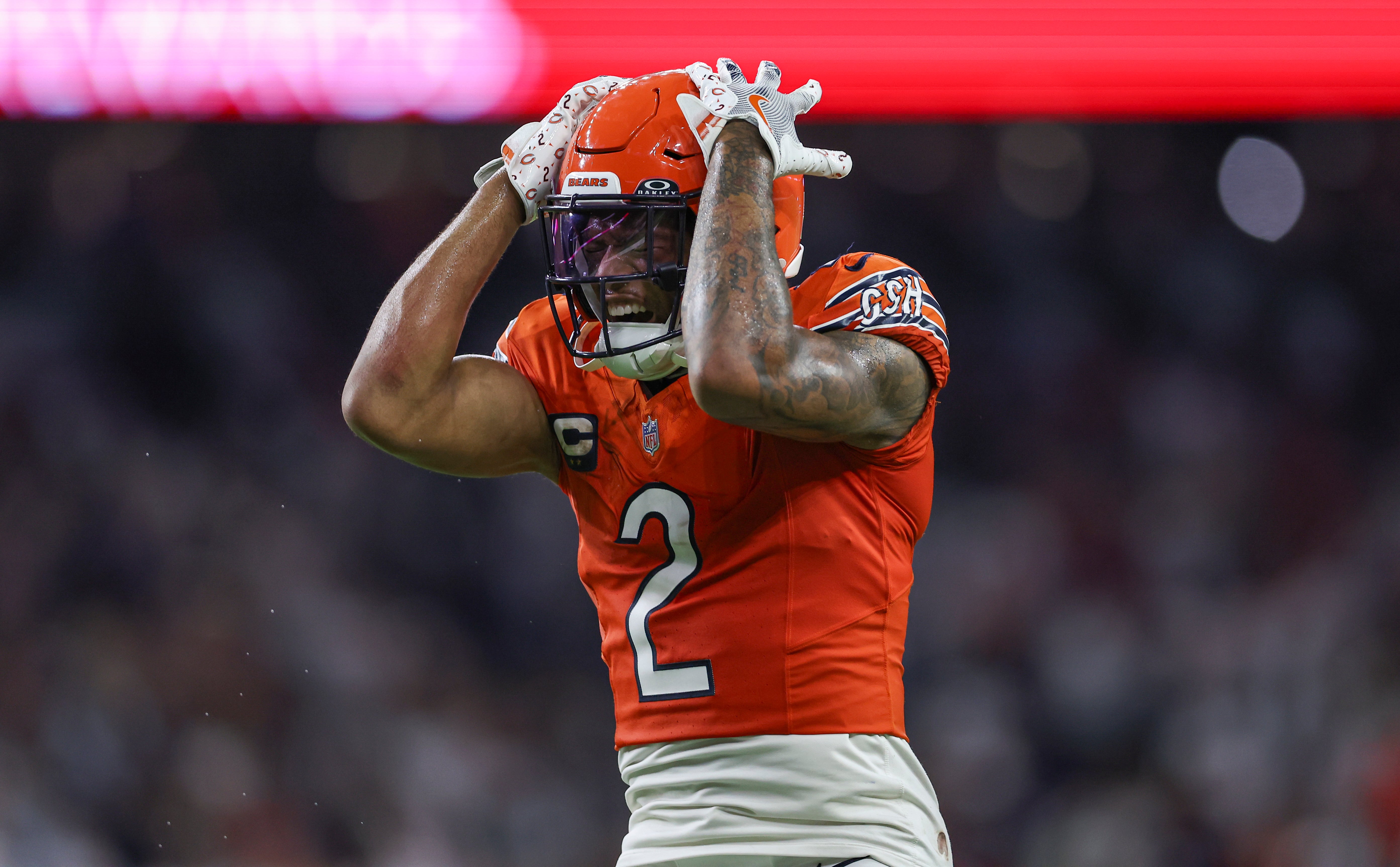 Sep 15, 2024; Houston, Texas, USA; Chicago Bears wide receiver DJ Moore (2) reacts after a play during the fourth quarter against the Houston Texans at NRG Stadium.