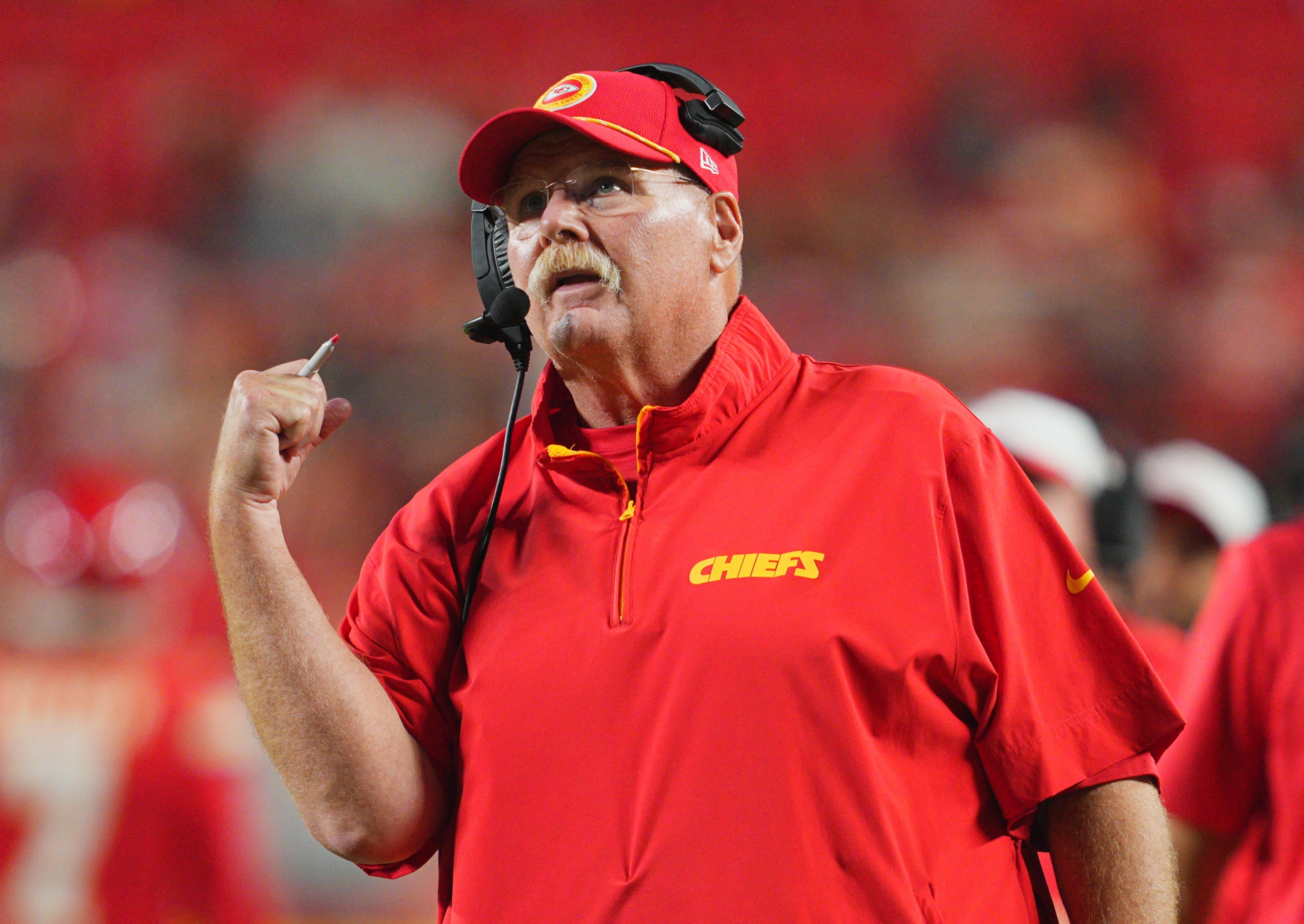 Aug 22, 2024; Kansas City, Missouri, USA; Kansas City Chiefs head coach Andy Reid reacts to a touchdown during the second half against the Chicago Bears at GEHA Field at Arrowhead Stadium.