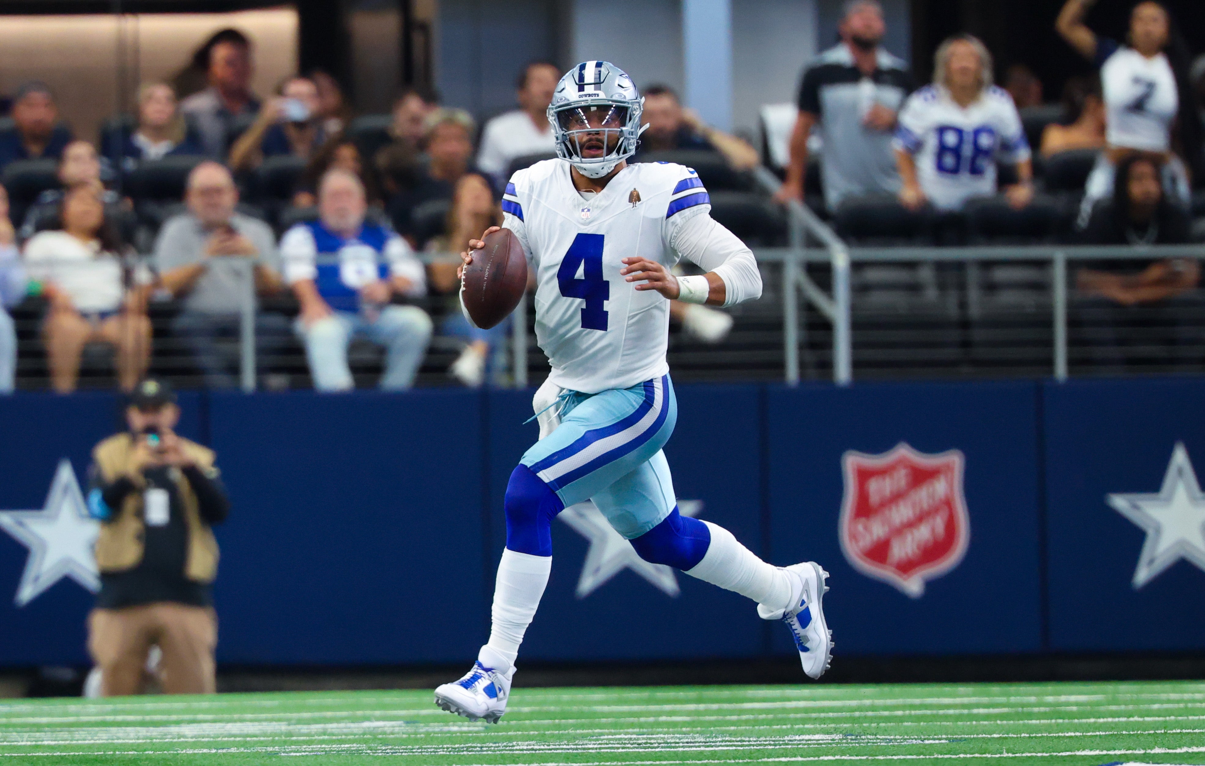 Dallas Cowboys quarterback Dak Prescott (4) throws during the first half against the New Orleans Saints at AT&T Stadium.