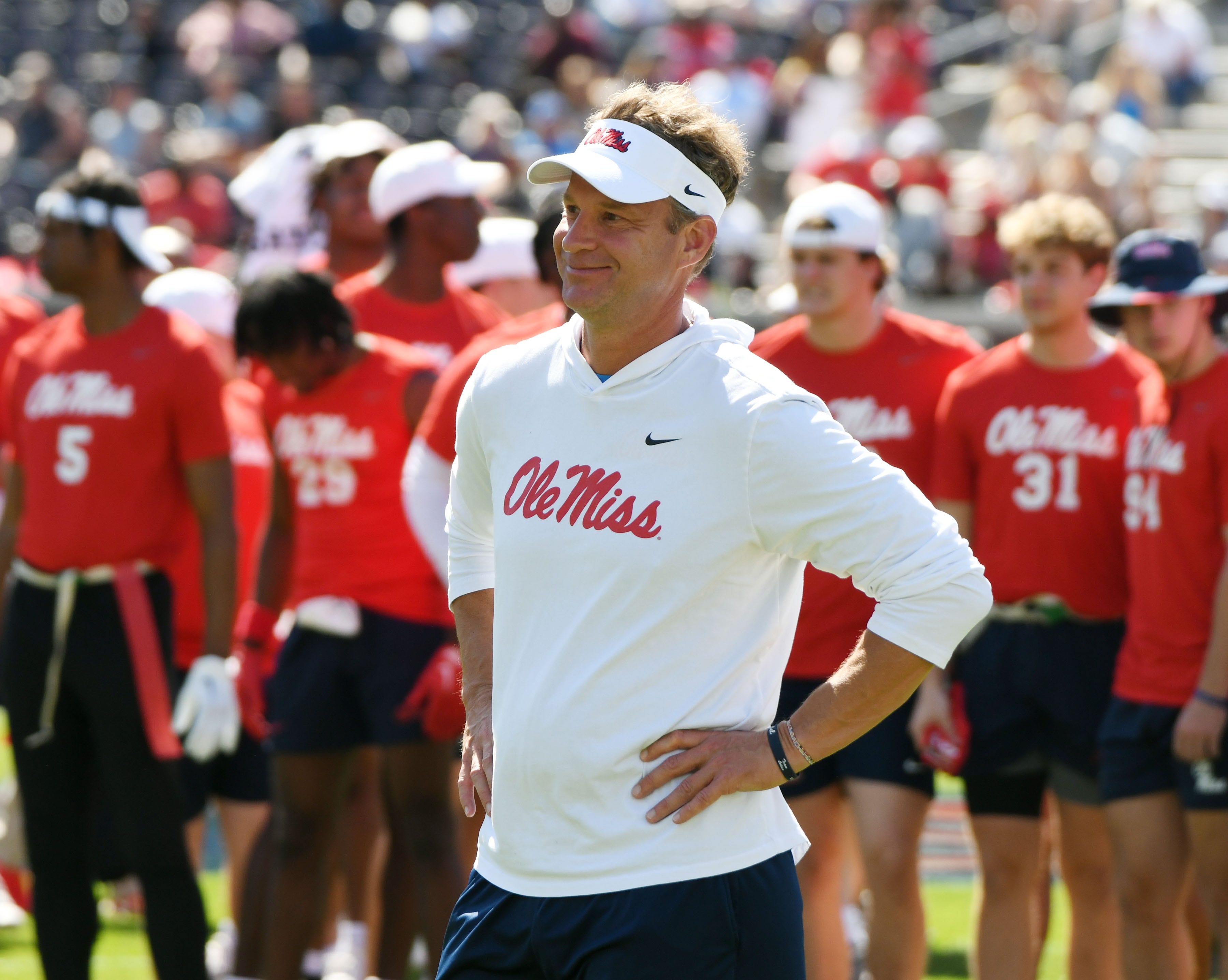 Ole Miss head coach Lane Kiffin watches during the Ole Miss Grove Bowl Games at Vaught-Hemingway Stadium in Oxford, Miss., on Saturday, Apr. 13, 2024.