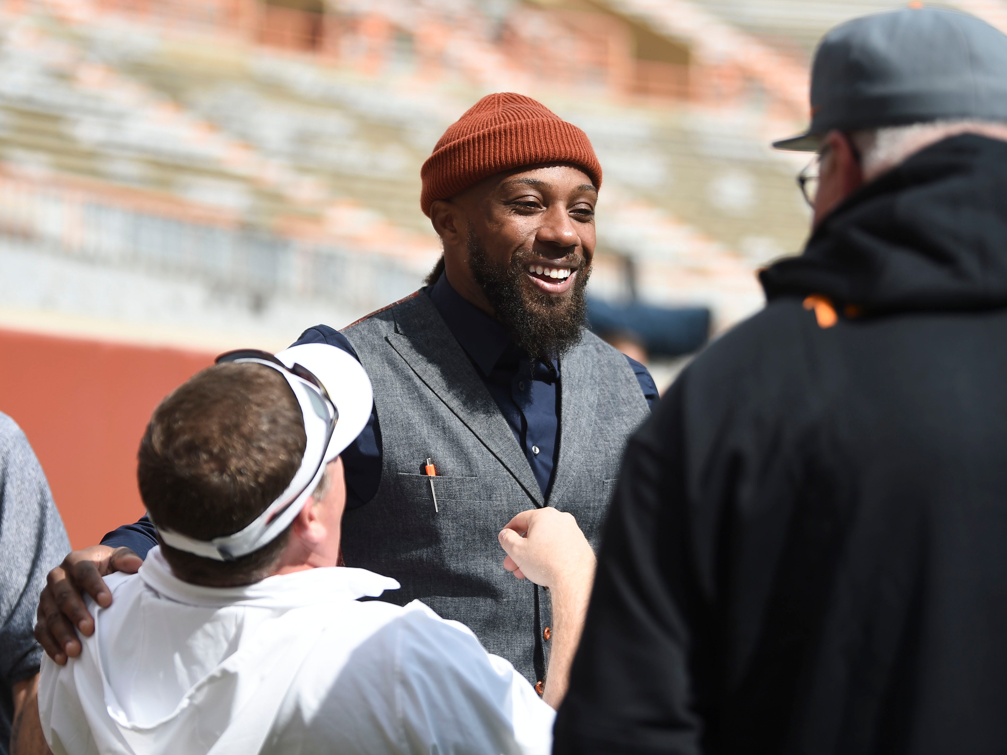 Former Tennessee Vol Eric Berry meets with fans before the start of the Vol Walk ahead of the NCAA college football game between Texas A&M and Tennessee on Saturday, October 14, 2023 in Knoxville, Tenn.