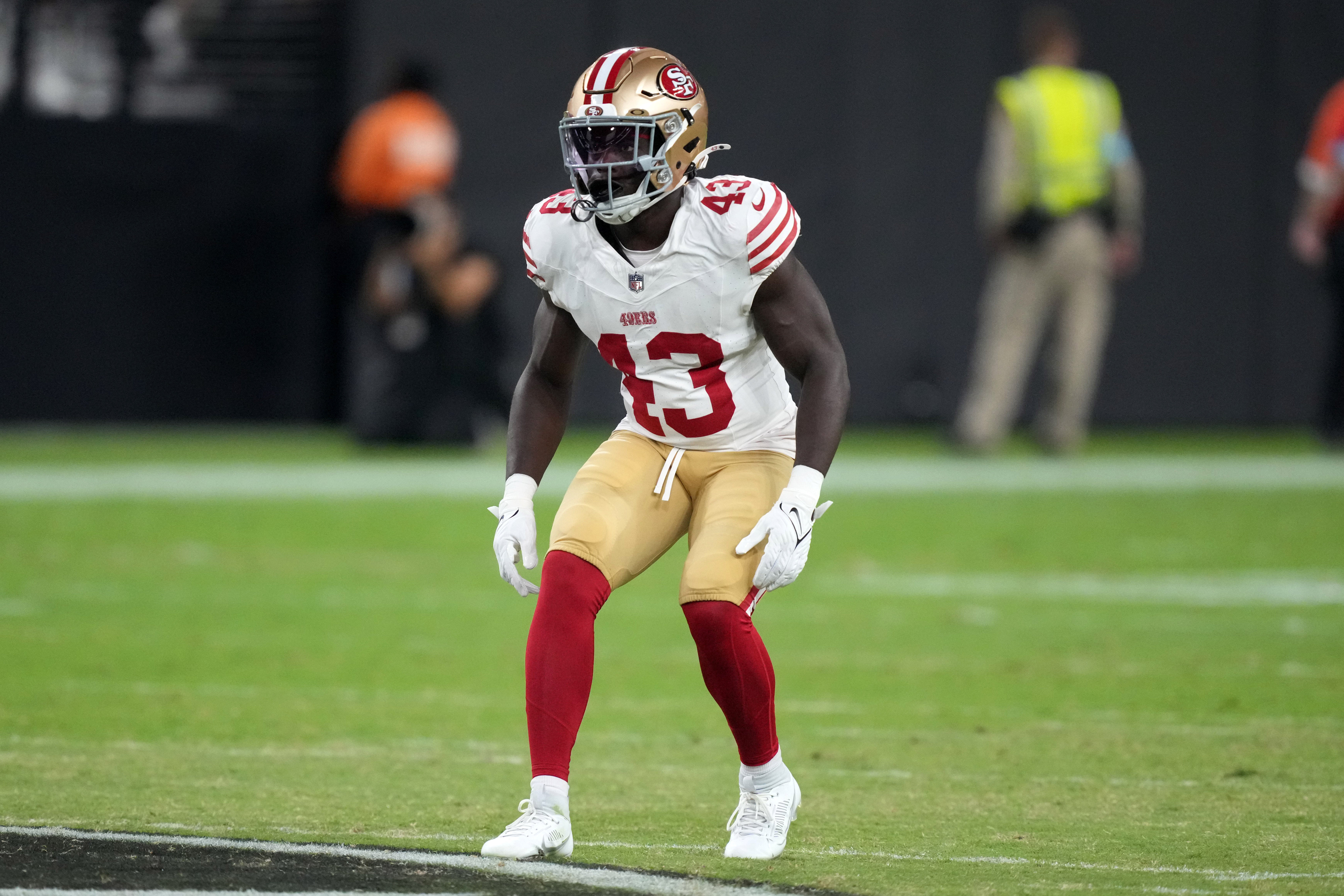 Aug 23, 2024; Paradise, Nevada, USA; San Francisco 49ers safety Malik Mustapha (43) watches play against the Las Vegas Raiders in the first half at Allegiant Stadium.